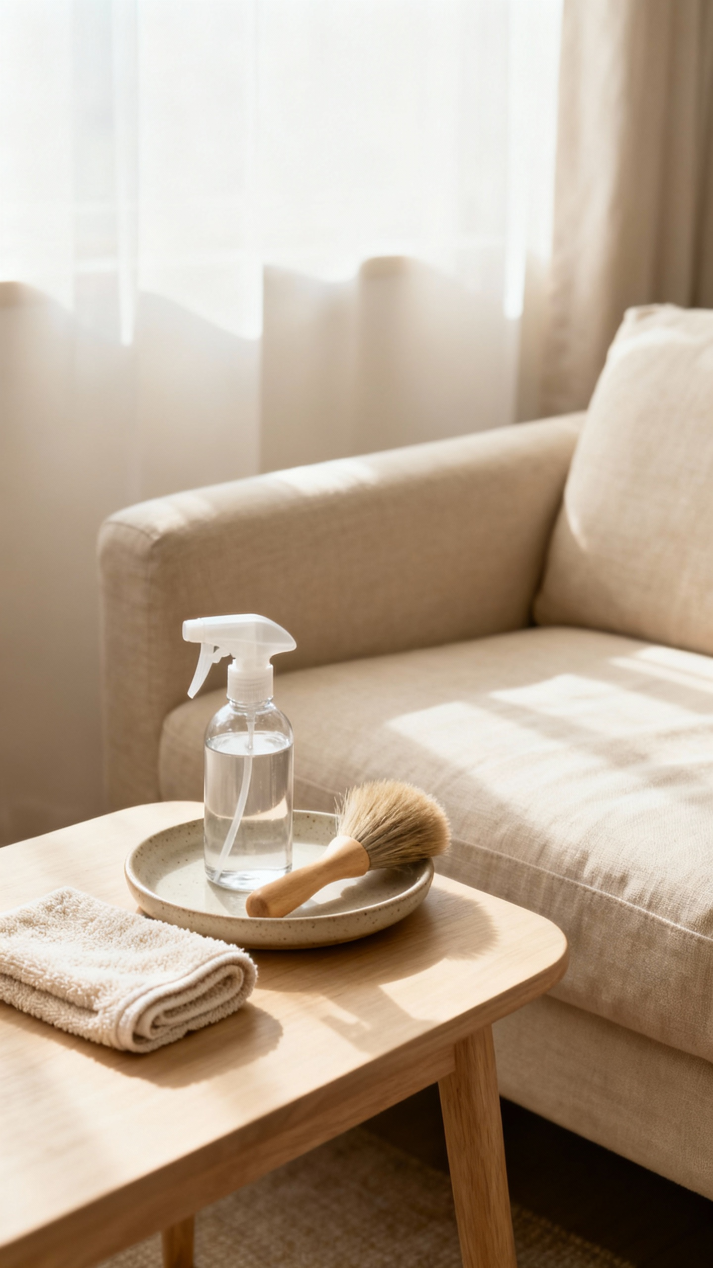 A serene beige living room corner with a linen sofa, featuring eco-friendly cleaning supplies arranged on a wooden side table, highlighting material longevity.