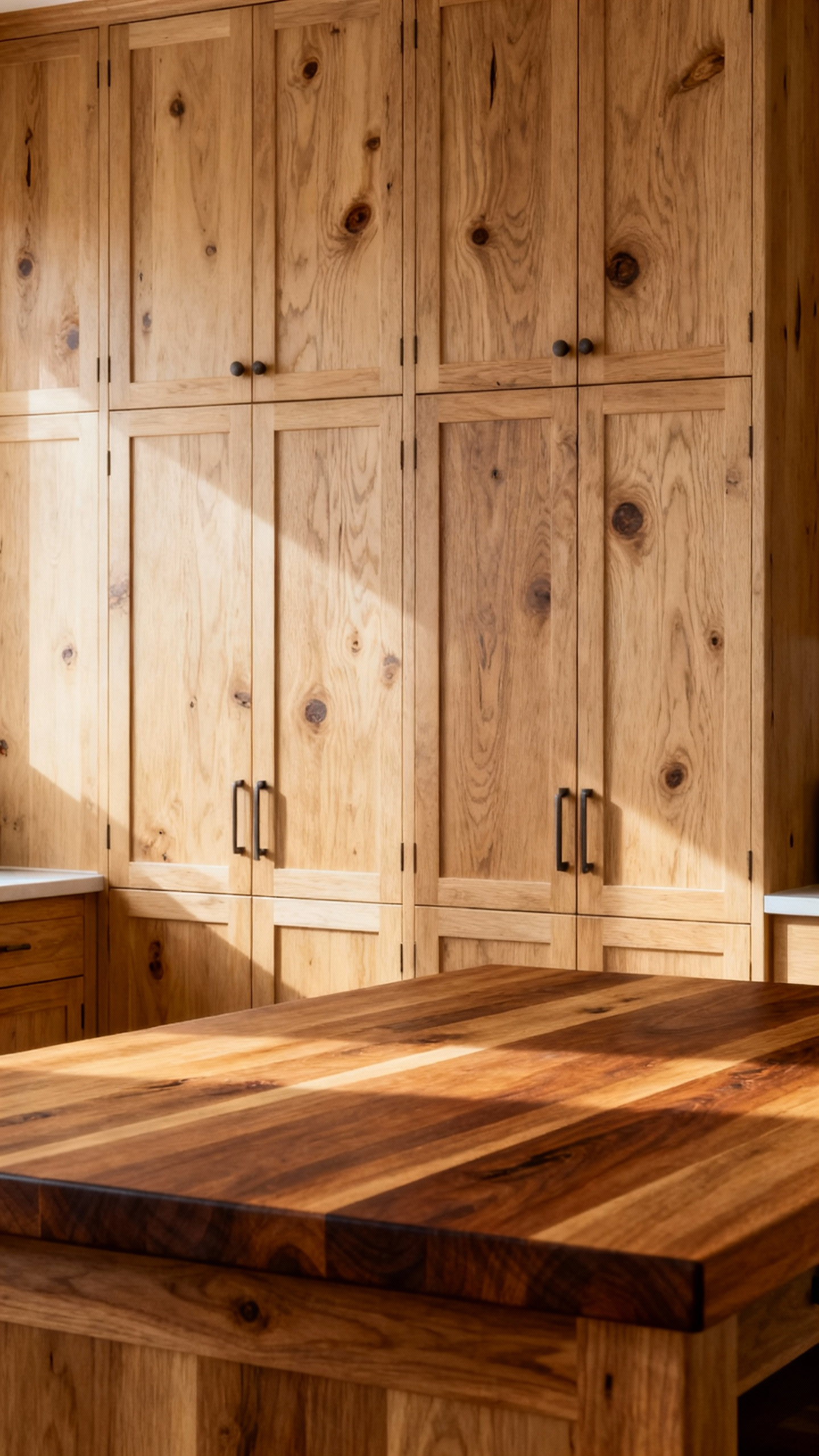 Rustic kitchen with close-up of solid white oak cabinets and a natural wood butcher block island, highlighting authentic wood finishes under soft natural light.