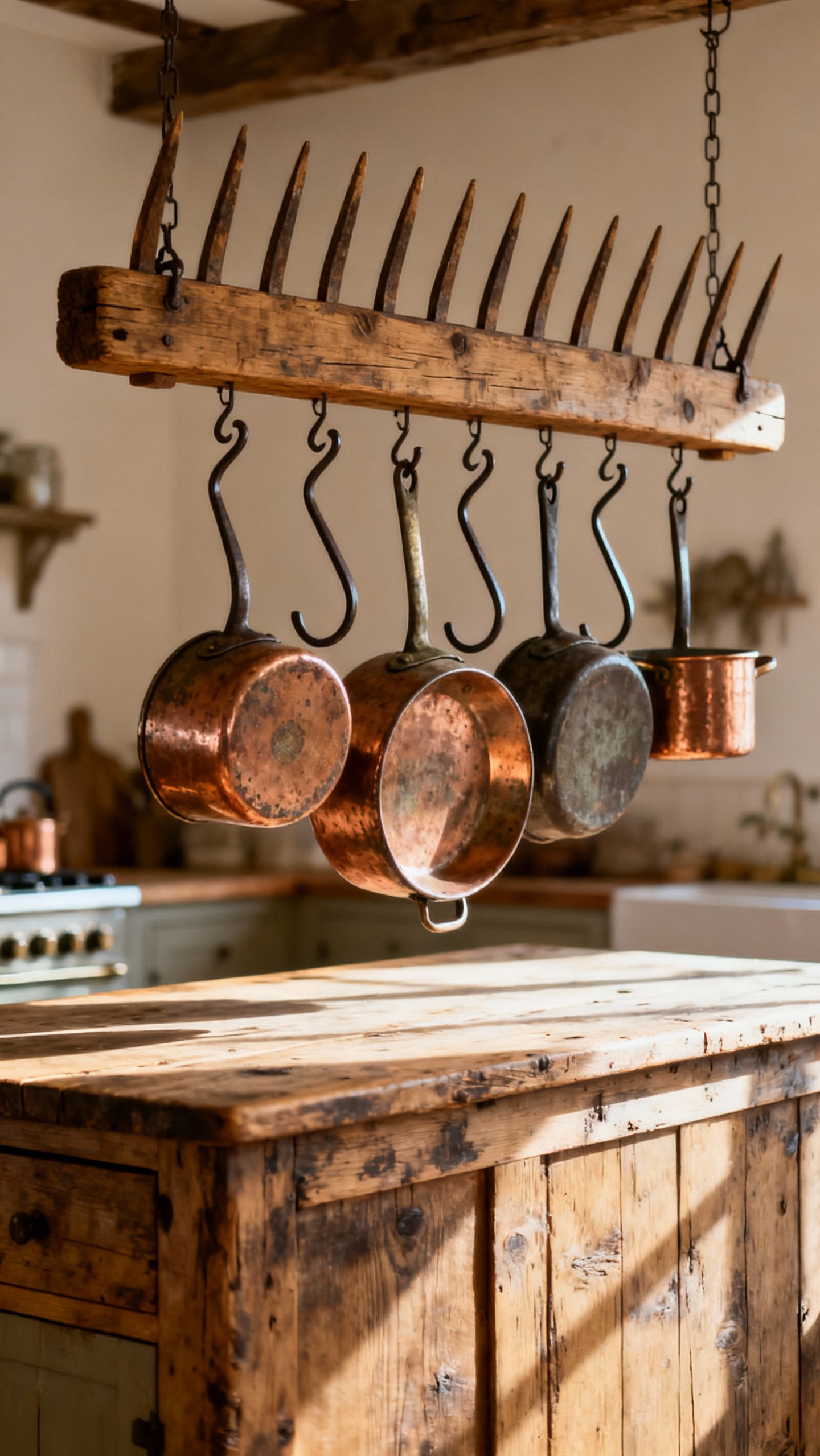 Rustic kitchen interior with an antique wooden hayfork repurposed as a pot rack above a large island, adorned with wrought iron S-hooks and copper pots, showcasing repurposed found objects.