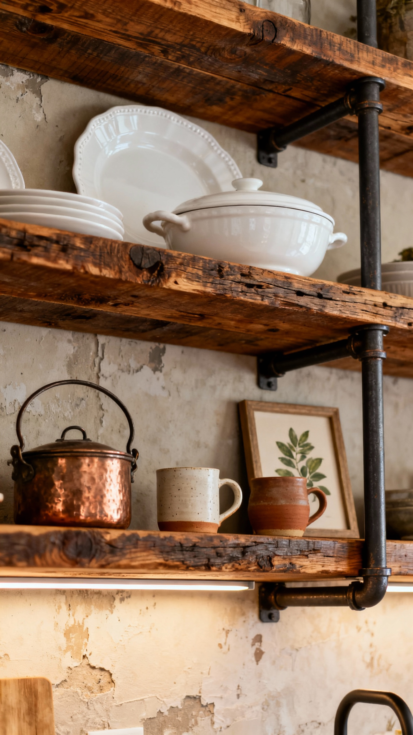 Rustic kitchen open shelving displaying white ironstone, ceramic mugs, and copper pots on reclaimed wood shelves.