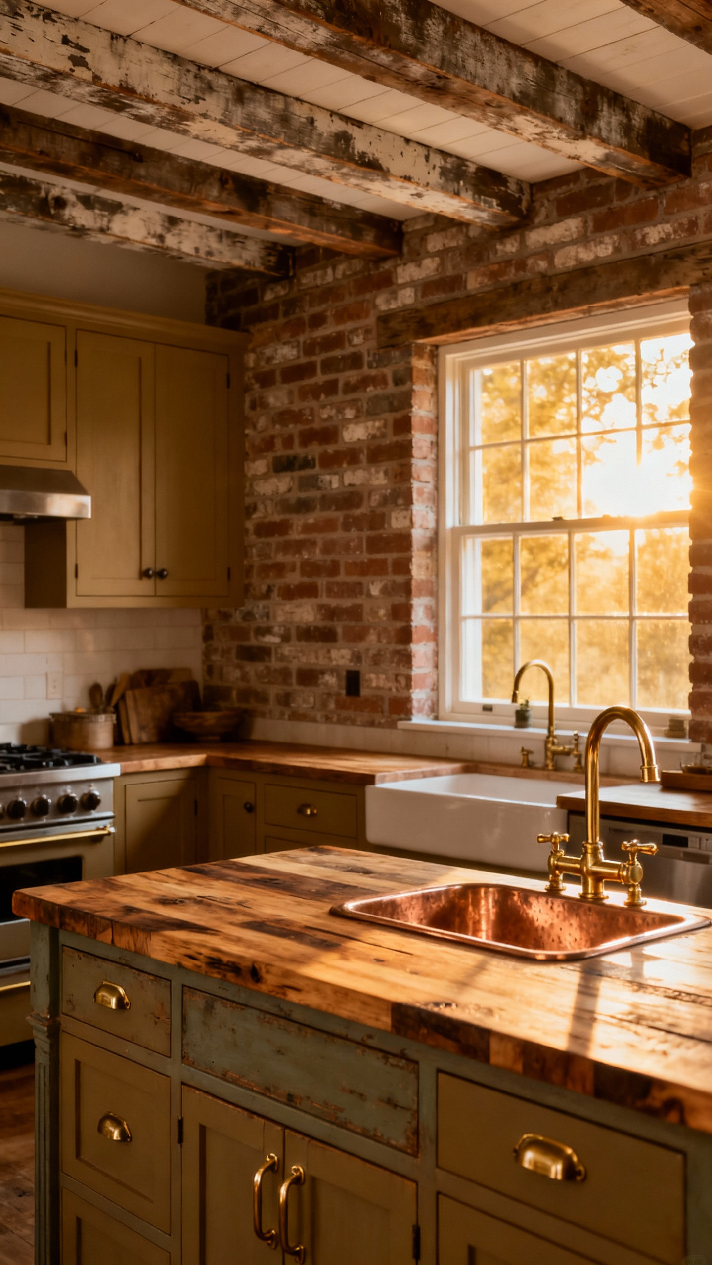 Rustic kitchen with exposed wooden ceiling beams and natural brick wall, showcasing architectural character and historical depth in interior design.