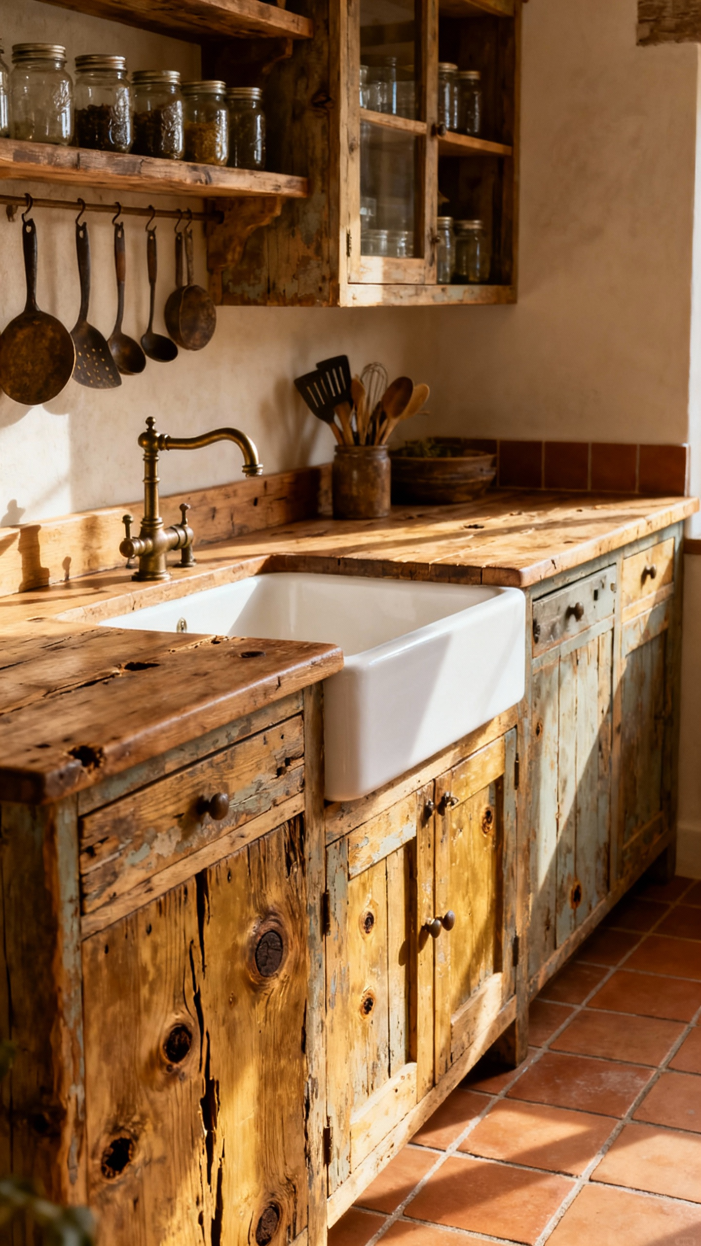 Rustic kitchen featuring distressed reclaimed wood cabinetry with unique grain and patina, a farmhouse sink, and natural lighting, creating aged charm.