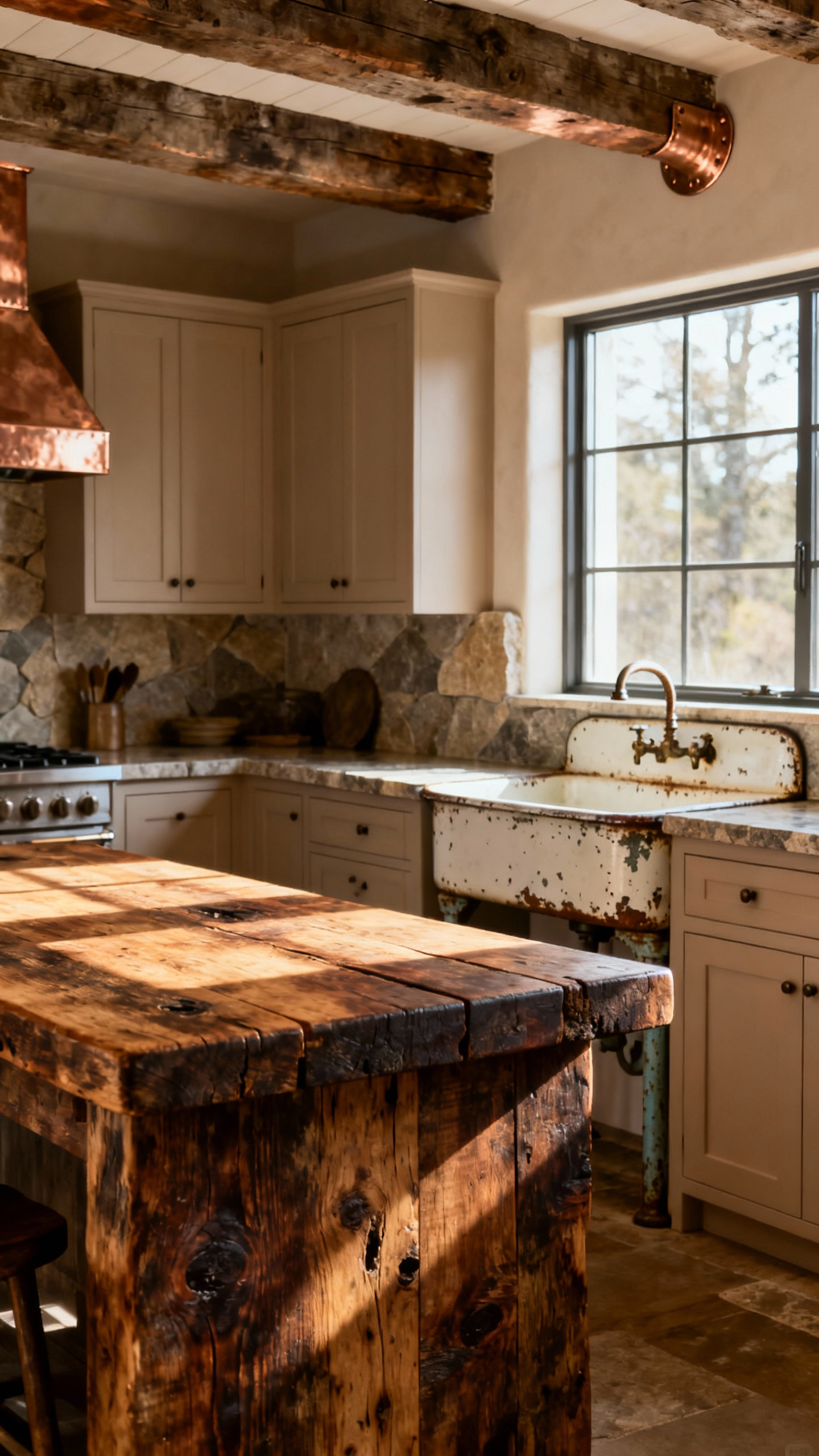 Portrait view of a rustic kitchen showing a worn butcher block island, an antique repurposed dry sink, and cabinets with subtle finishes, all bathed in warm natural light, highlighting a lived-in aesthetic with rich textures and historical character.