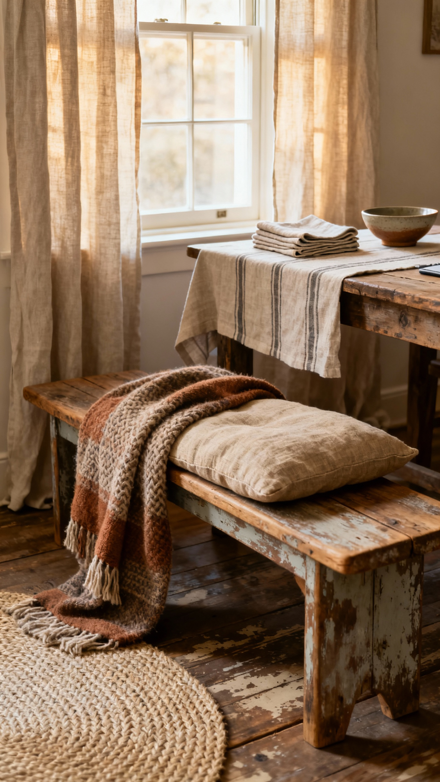 Rustic kitchen with woven linen bench cushion, wool throw, jute rug, and linen cafe curtains, showcasing natural textures and warmth.