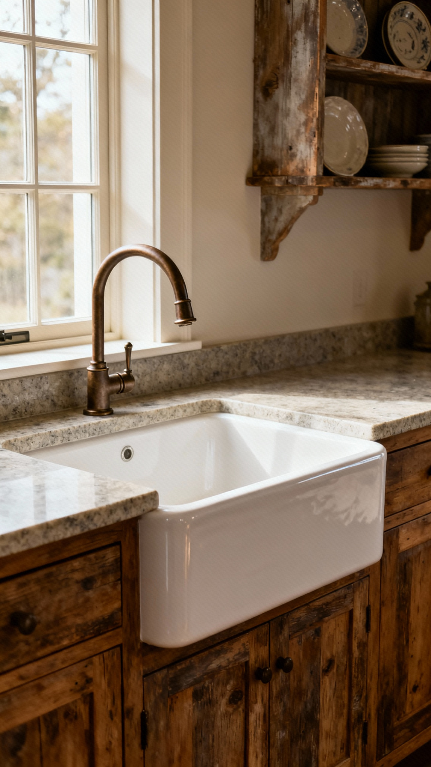 A beautiful white fireclay farmhouse sink with a prominent apron front, seamlessly integrated into distressed oak cabinetry and surrounded by dark soapstone countertops in a rustic kitchen setting. An aged bronze bridge faucet arches over the deep basin.