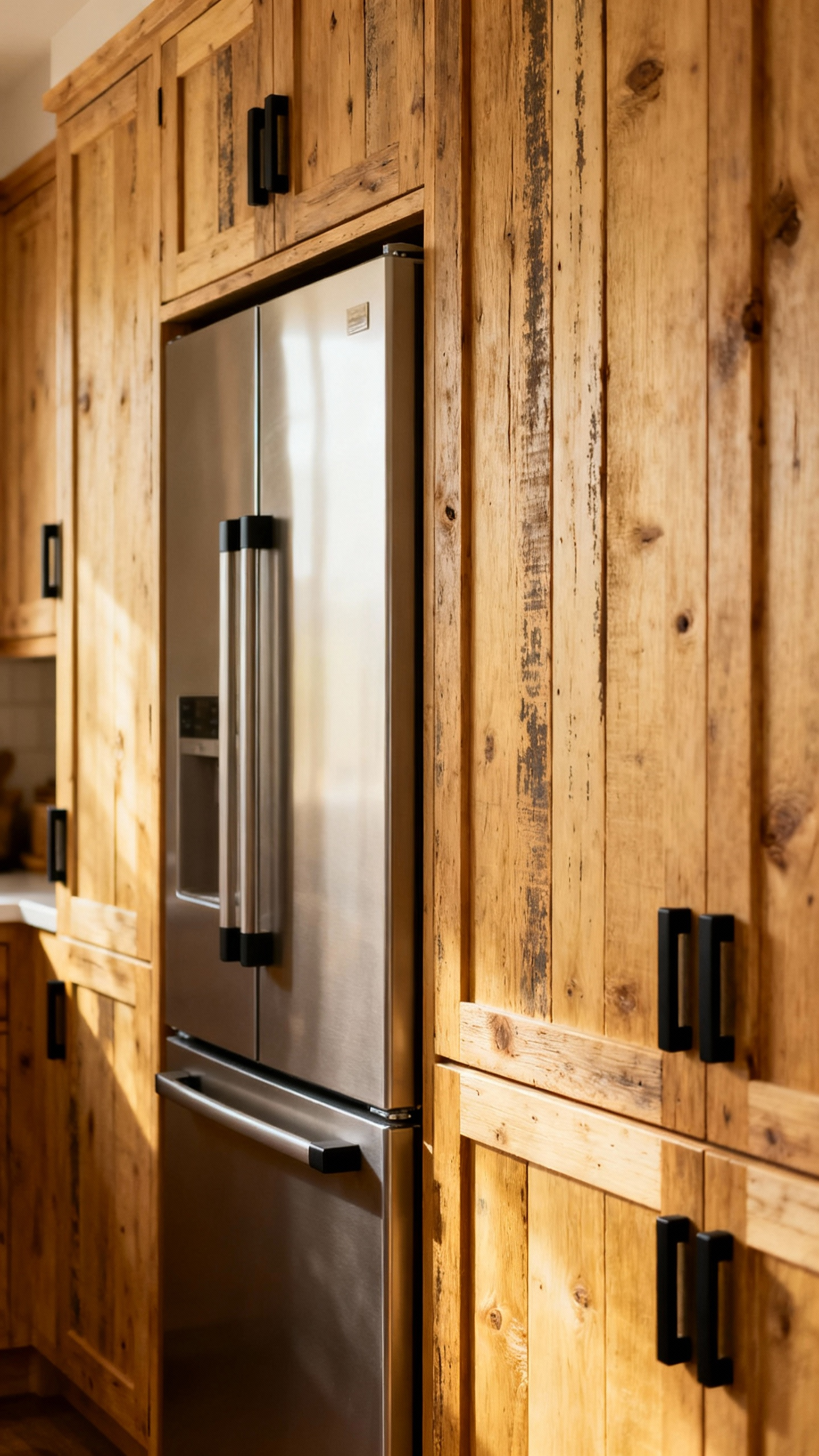 Portrait view of a rustic kitchen with a modern refrigerator discreetly hidden behind custom integrated reclaimed light oak wood panels, showcasing a seamless and timeless design.