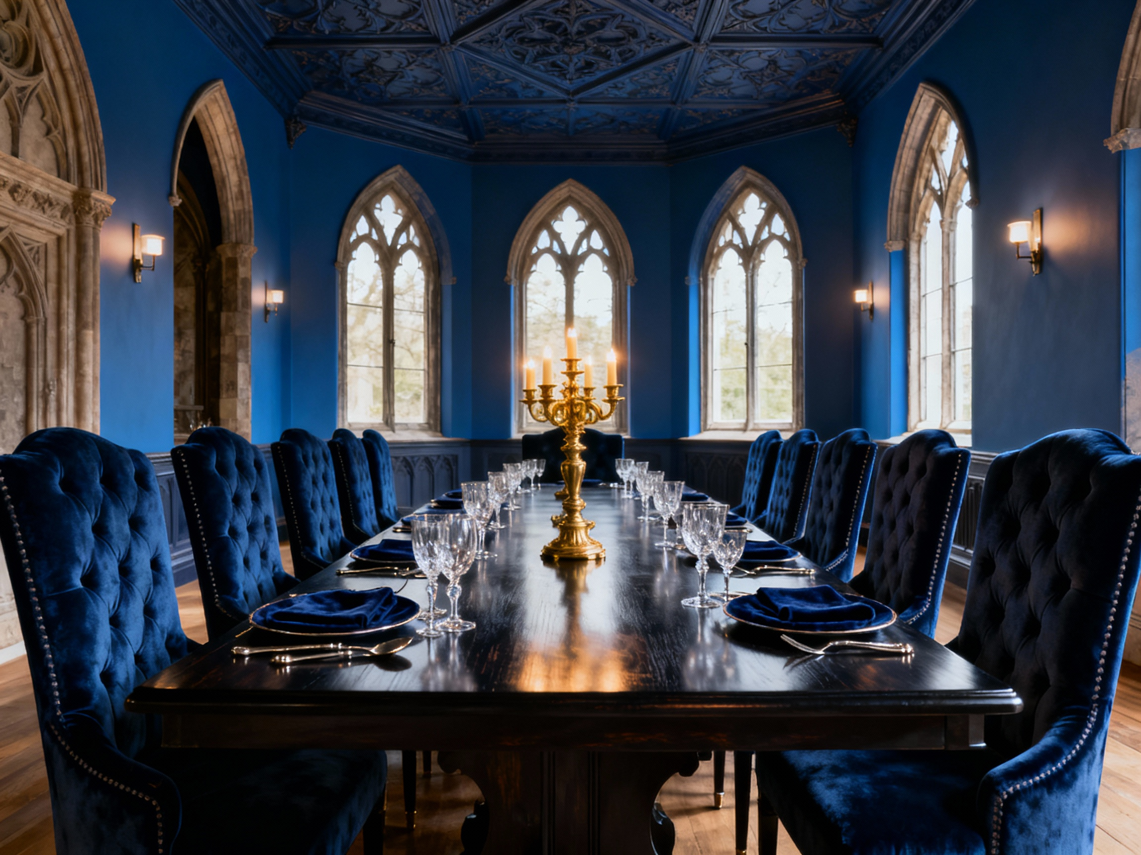 Luxurious deep cerulean blue dining room interior with high-backed velvet chairs, a dark ebonized oak table, antique brass candelabras, and elegant sconces creating a sophisticated, contemplative ambiance.