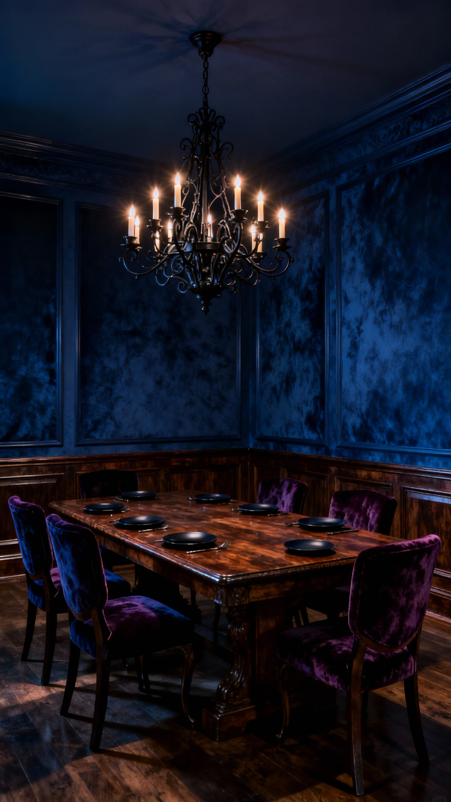 Luxurious dining room with velvety matte deep blue walls, an elegant table set for dinner, subtle ambient lighting, and rich textures, creating an absorptive and intimate atmosphere with a touch of gothic grandeur.