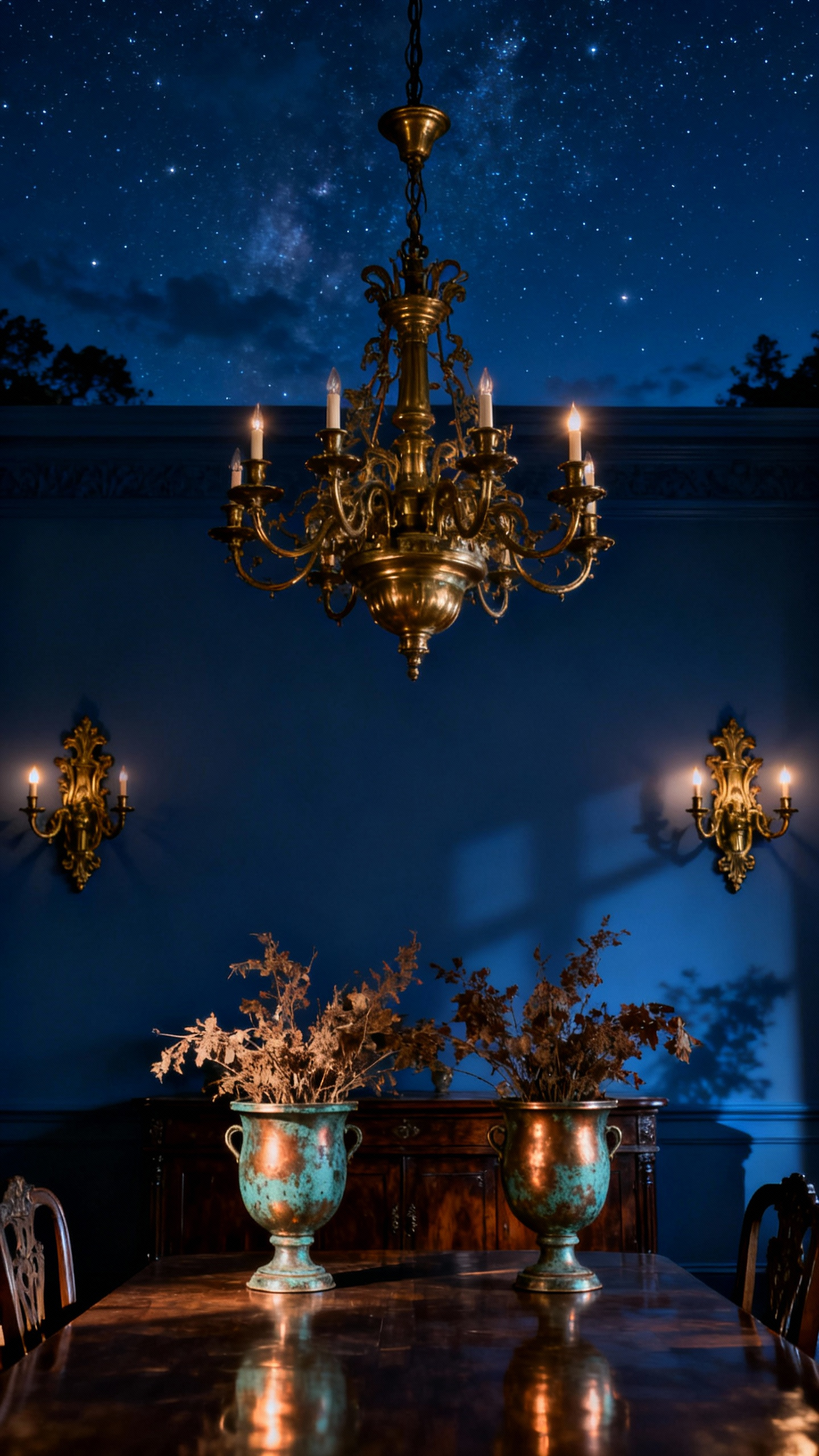 Deep blue dining room with antique brass chandelier and verdigris copper accents, creating luminous contrast and a celestial feel.
