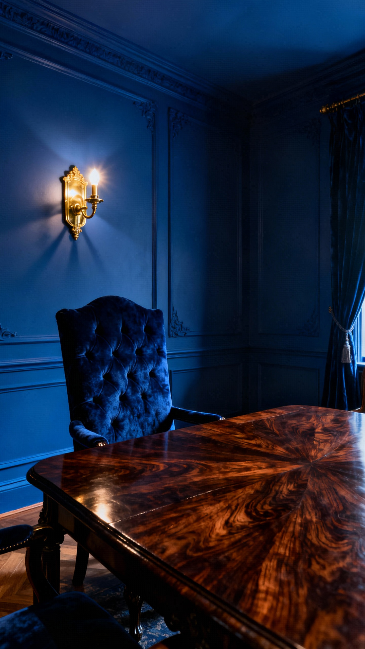 Dramatic blue dining room featuring a velvet chair, matte blue walls, polished brass sconce, and dark antique wood table, showcasing rich textural contrasts and chiaroscuro lighting for depth.
