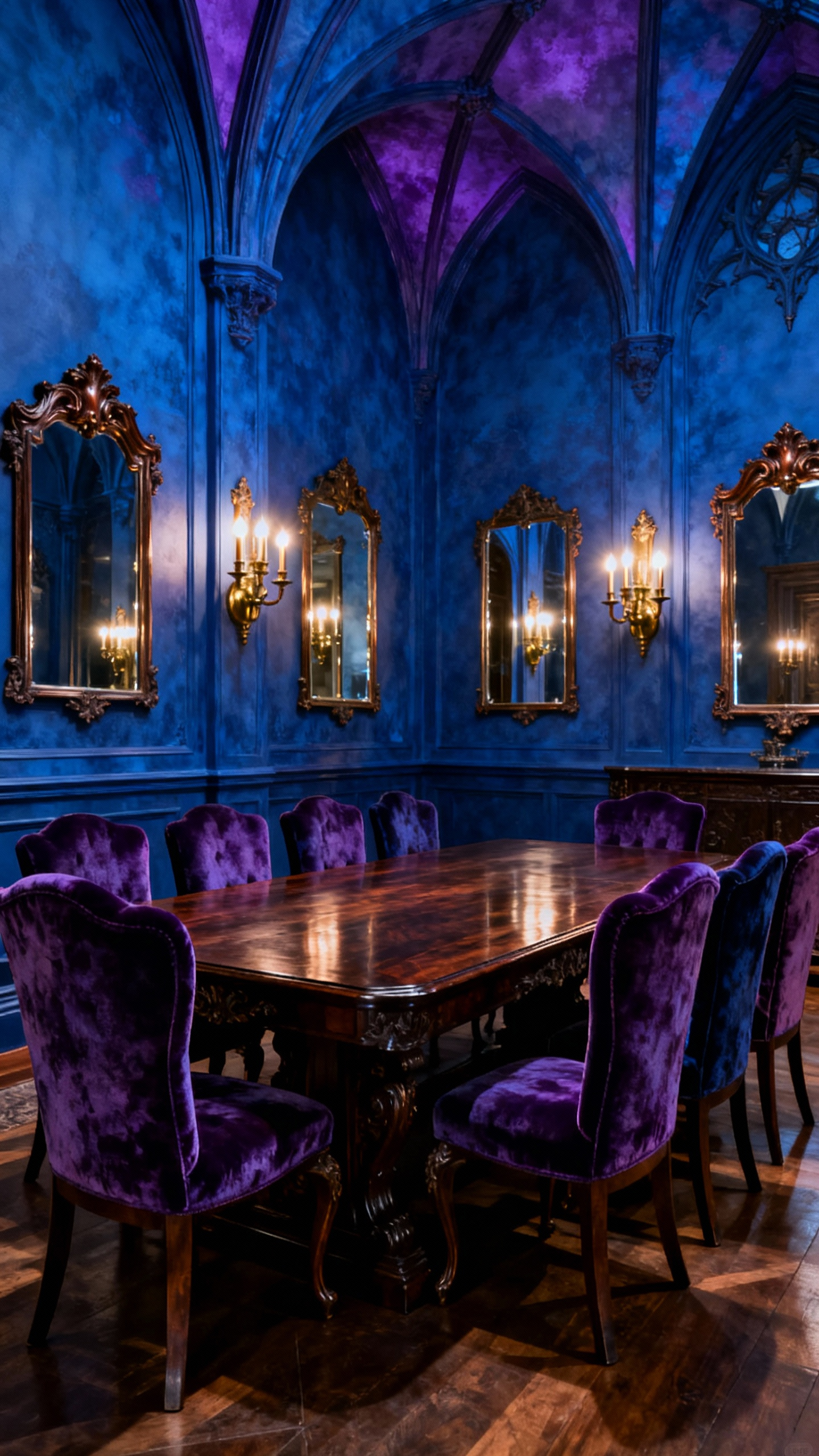 Luxurious blue dining room showcasing walls with subtle violet undertones, dark wood dining furniture, velvet chairs, and polished brass accents under dramatic lighting.