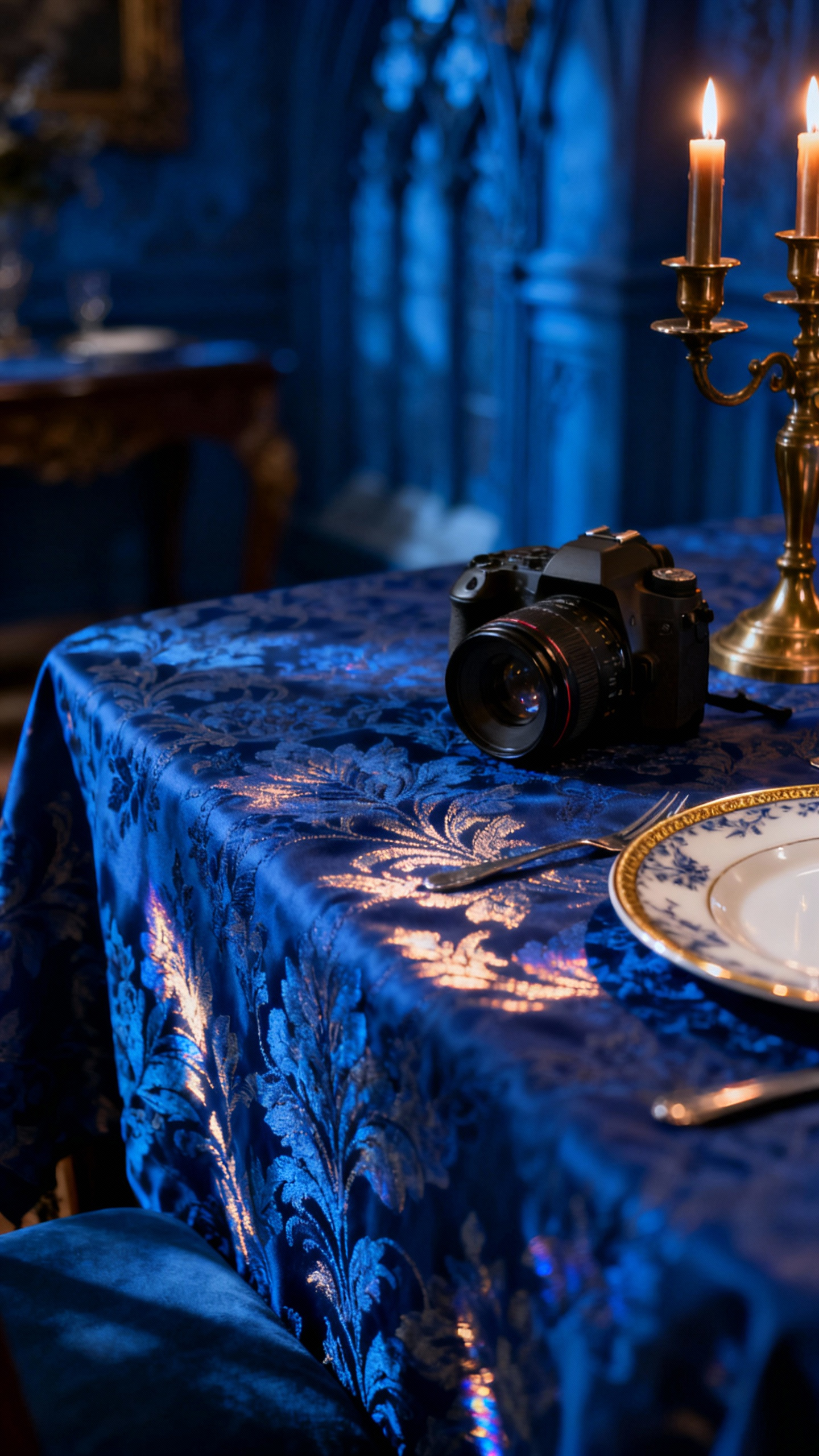 A richly textured blue brocaded linen tablecloth draped on a dining table, showcasing intricate patterns and complementary blue tones under dramatic lighting, creating a luxurious and gothic dining room ambiance.