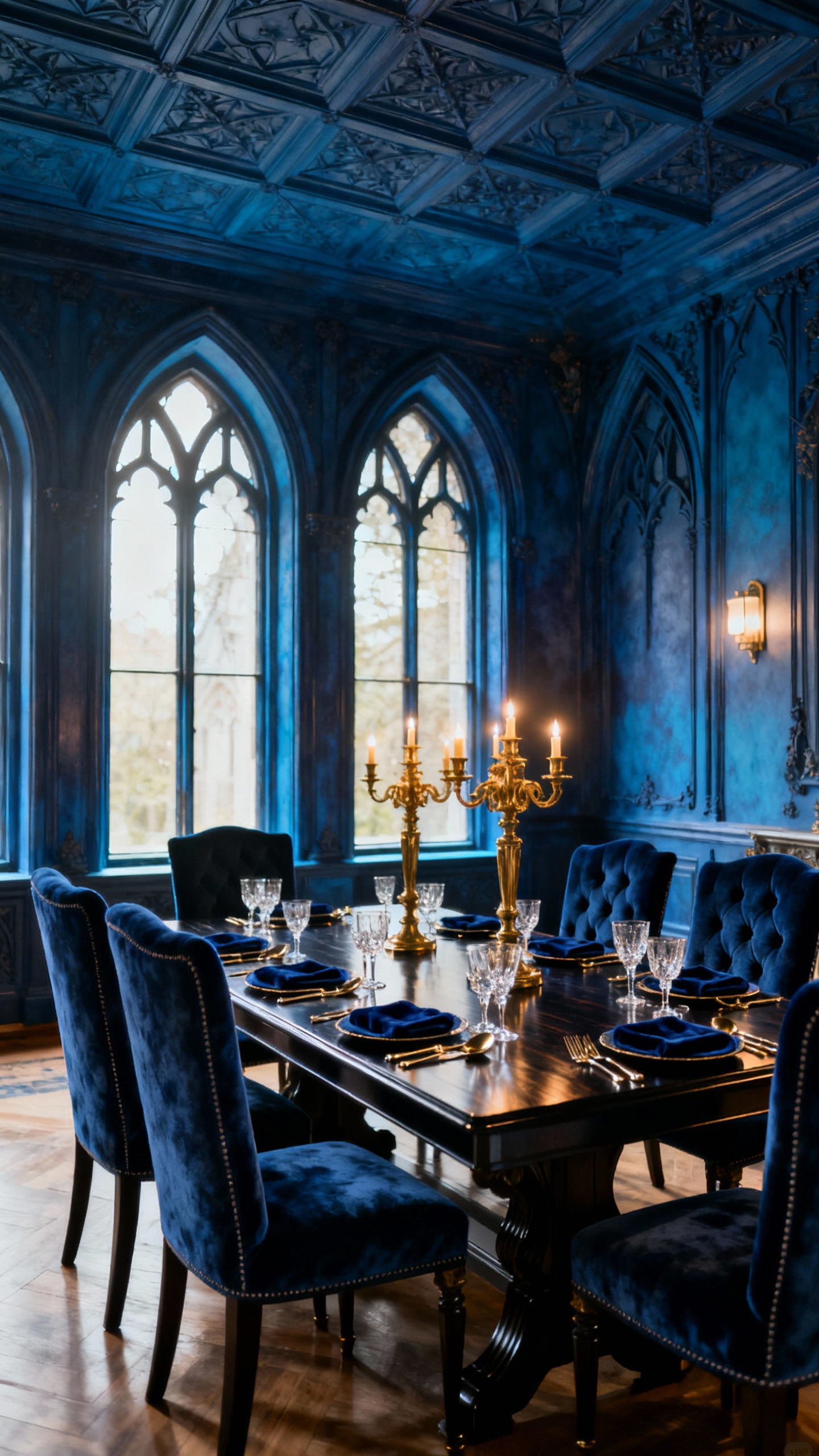 Luxurious deep cerulean blue dining room interior with high-backed velvet chairs, a dark ebonized oak table, antique brass candelabras, and elegant sconces creating a sophisticated, contemplative ambiance.