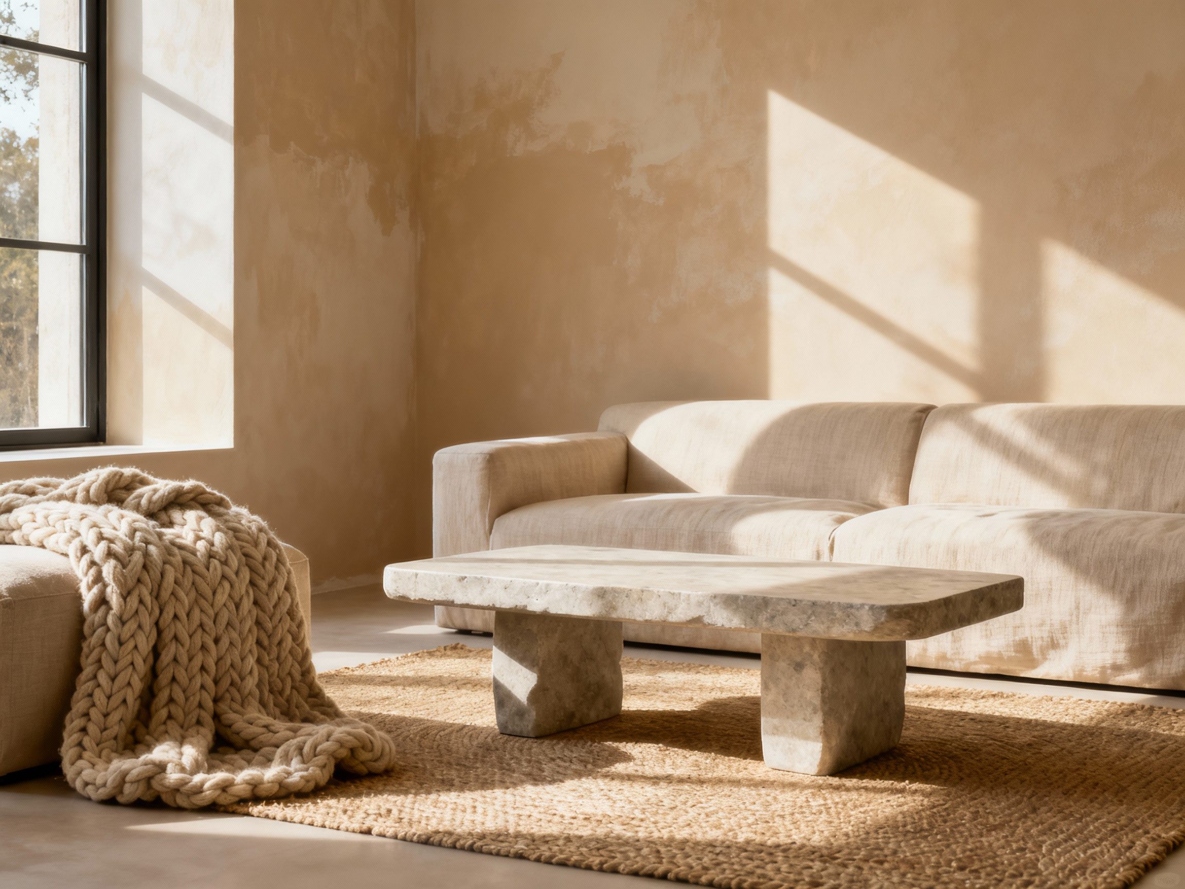 Serene beige living room with layered textures and soft sunlight, showcasing calm interior design.