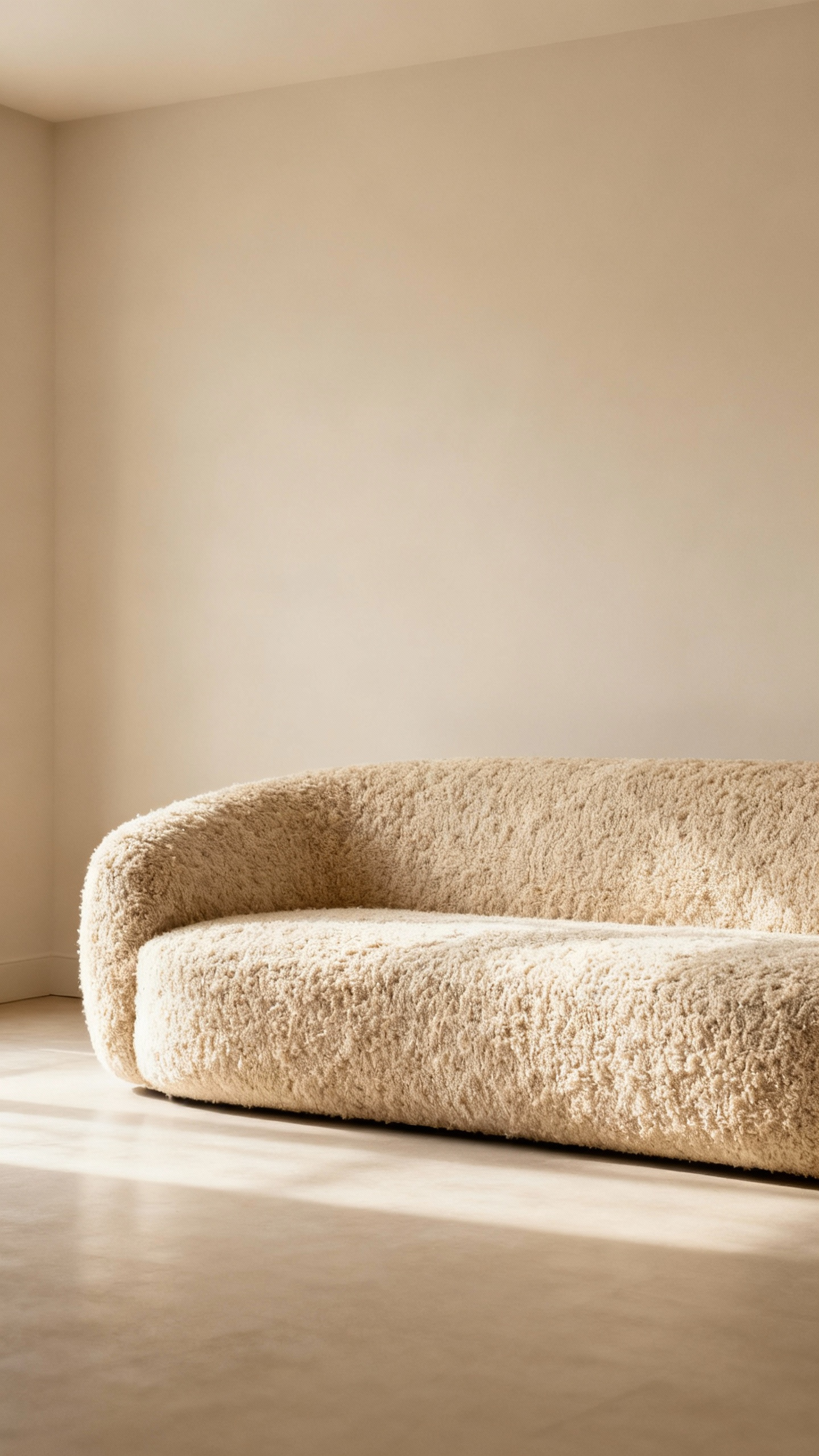 Oversized oatmeal beige boucle sofa in a minimalist living room, showcasing nuanced texture and anchoring the serene beige decor. No people, professional photograph.