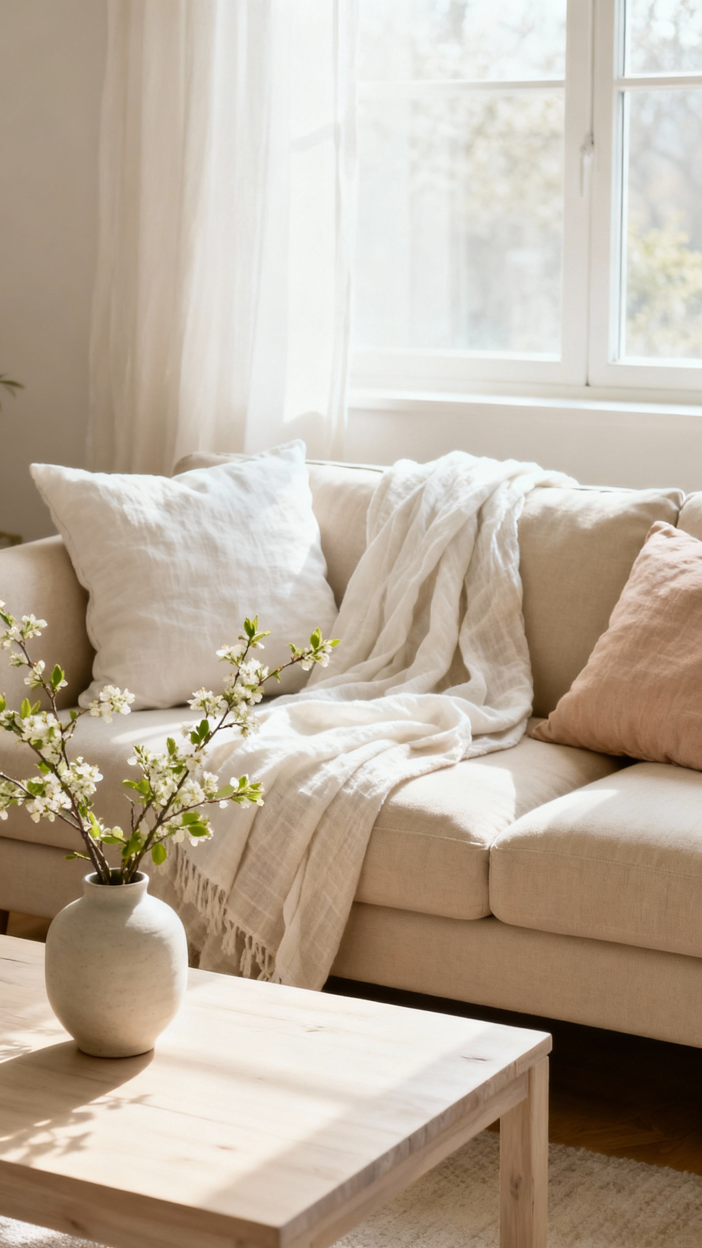A bright and airy beige living room showcasing spring decor, with light linen fabrics, delicate blooming flowers, and soft natural light. No people.