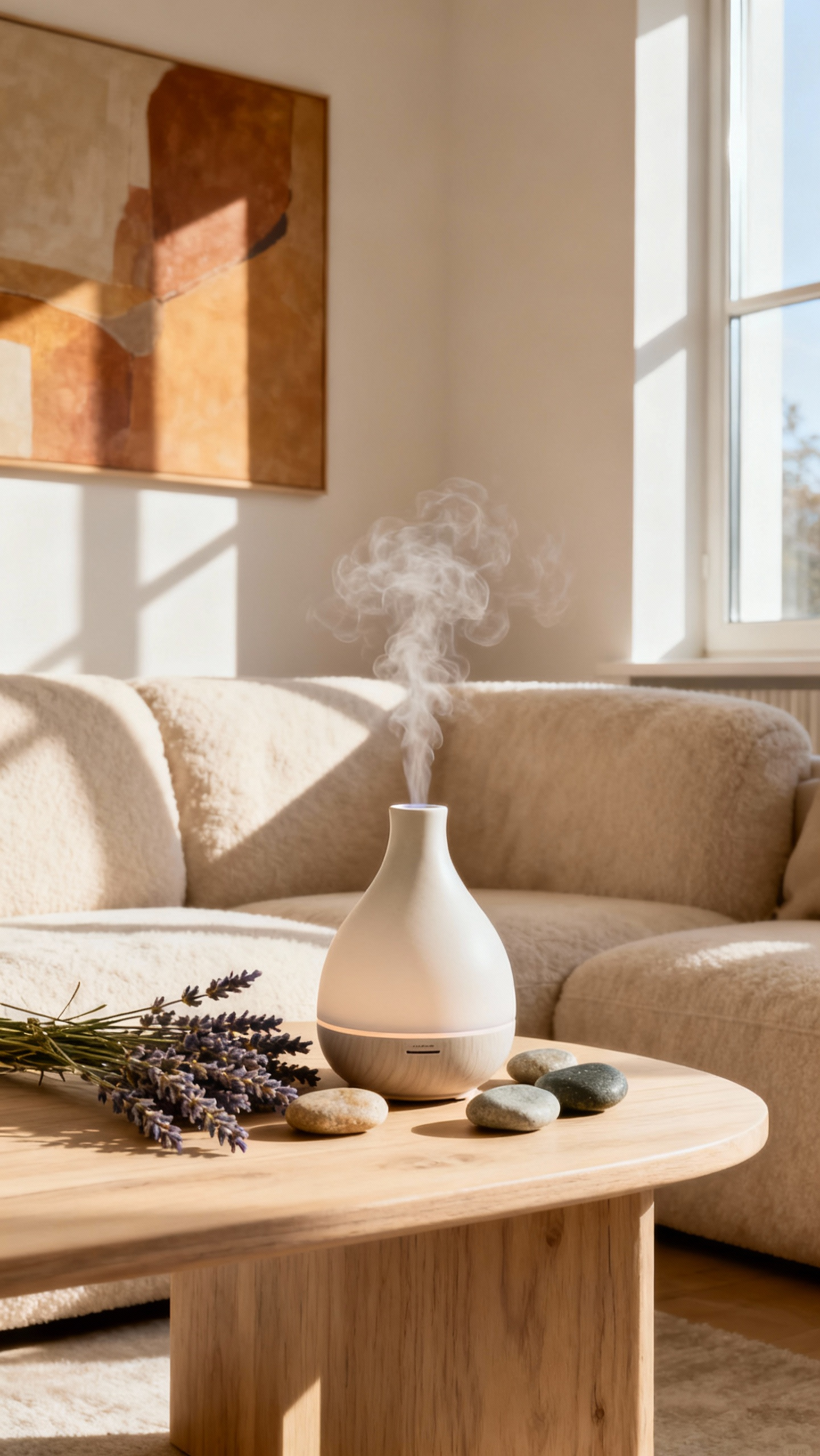 Elegant ceramic diffuser with dried lavender sprigs on a side table in a minimalist beige living room, showcasing aromatic botanicals for sensory diffusion.