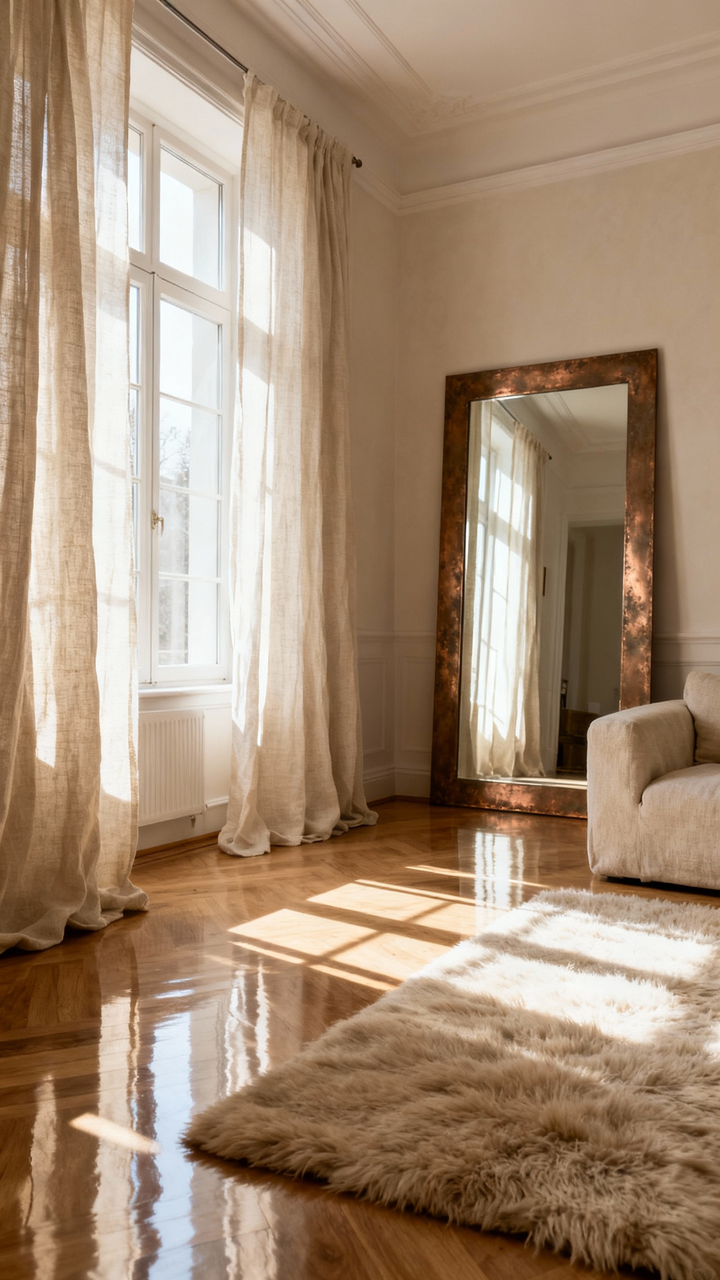 Serene beige living room with ample natural light, showing soft linen drapes, a beige sofa, wool rug, and a reflective aged bronze mirror enhancing luminosity and creating natural vibrancy.