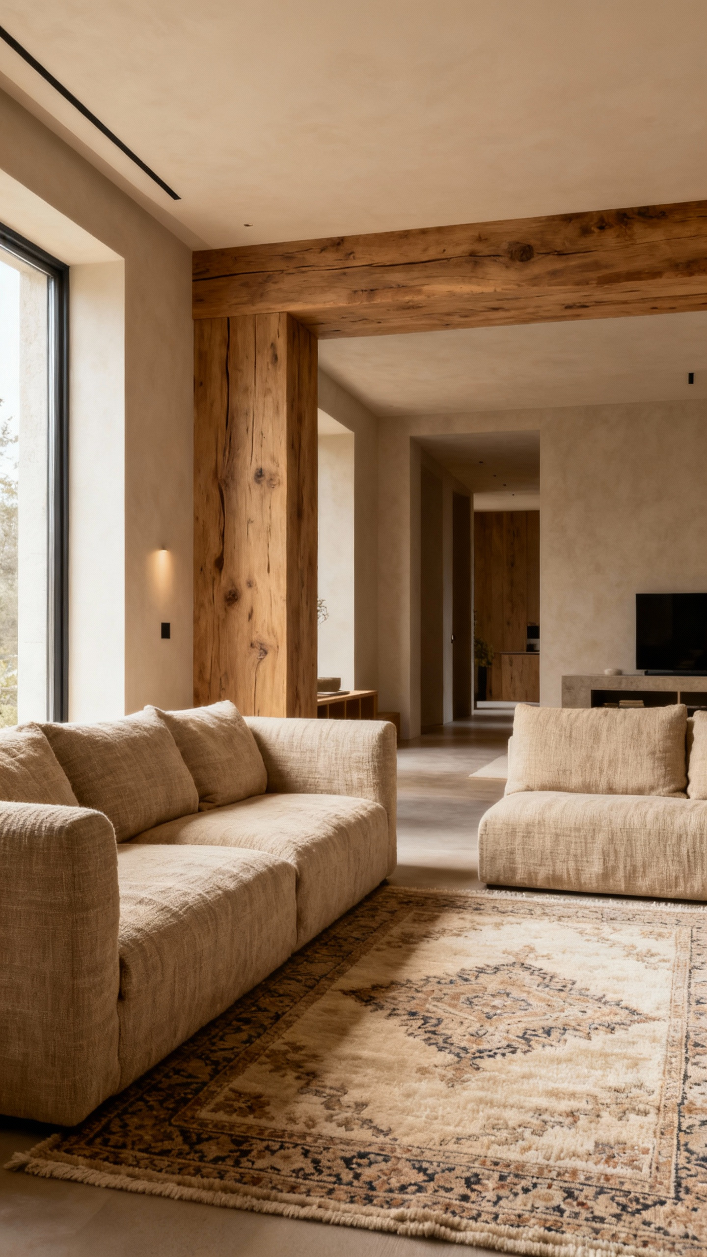 A serene beige living room with textured linen sofa, wool rug, and wooden elements, designed for intentional purpose and psychological calm.