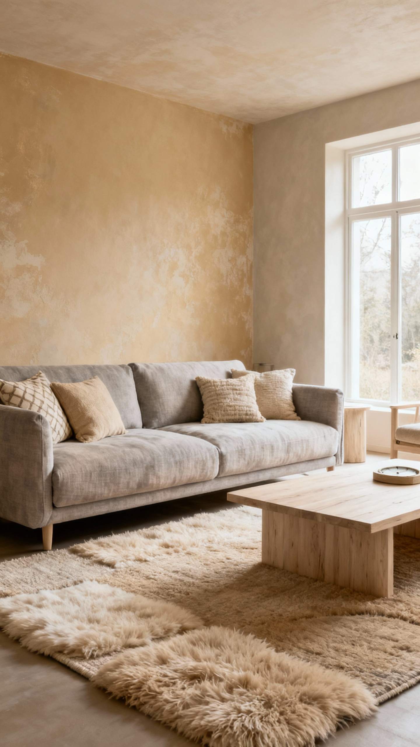 A tranquil beige living room showcasing diverse beige tones and textures, from sandy walls to oat-colored rugs and light wooden furniture, illustrating masterful palette articulation and dynamic nuance without relying on vibrant colors.