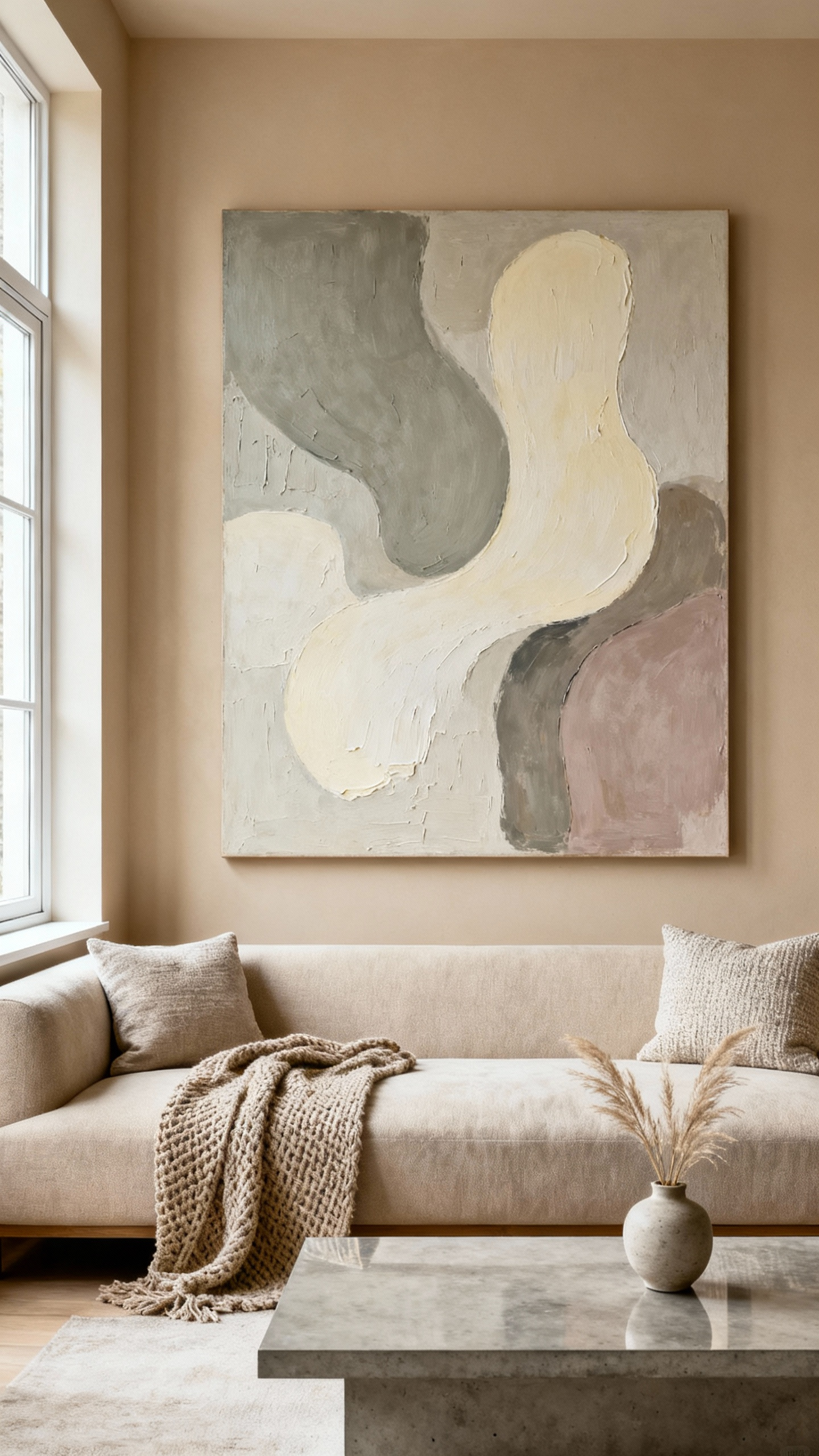 Abstract painting with organic forms in neutral beige and greige tones, hanging above a beige sofa in a minimalist beige living room, showcasing tranquil decor.