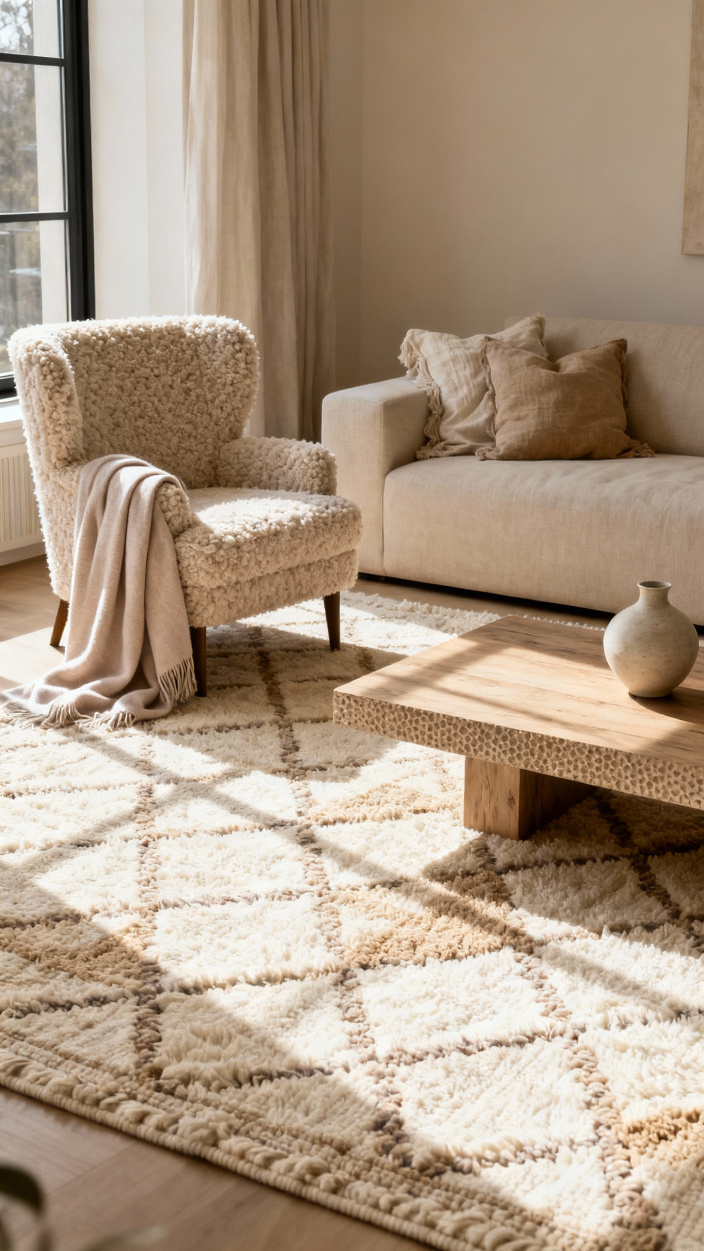 Luxurious beige living room featuring layered lofty textiles like bouclé, cashmere, wool rug, and linen pillows, creating a cozy and serene atmosphere for sensory indulgence.