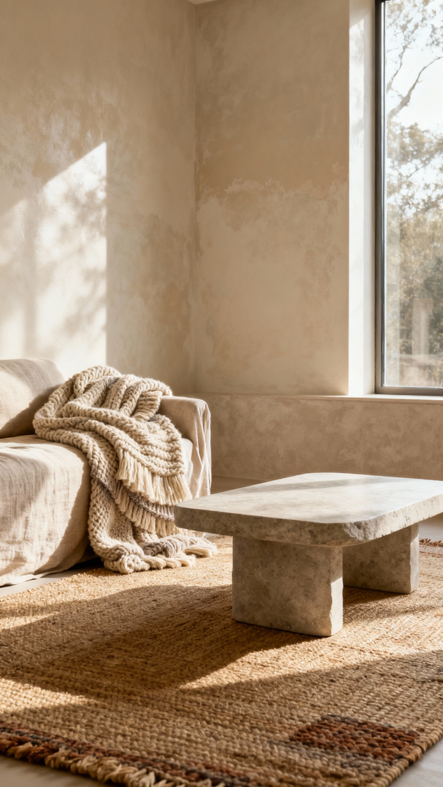 Serene beige living room with layered textures and soft sunlight, showcasing calm interior design.
