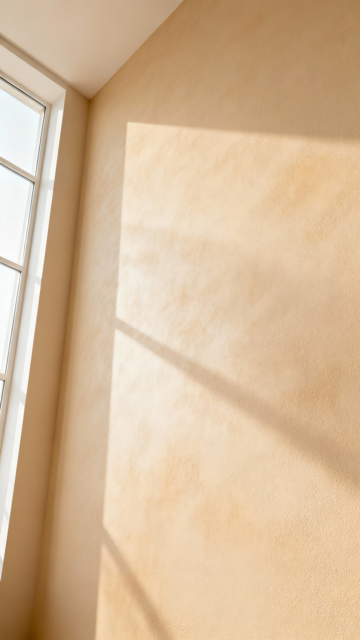Beige living room wall with a luminous matte finish, subtly diffusing natural light, creating a serene, minimalist backdrop in a portrait shot.