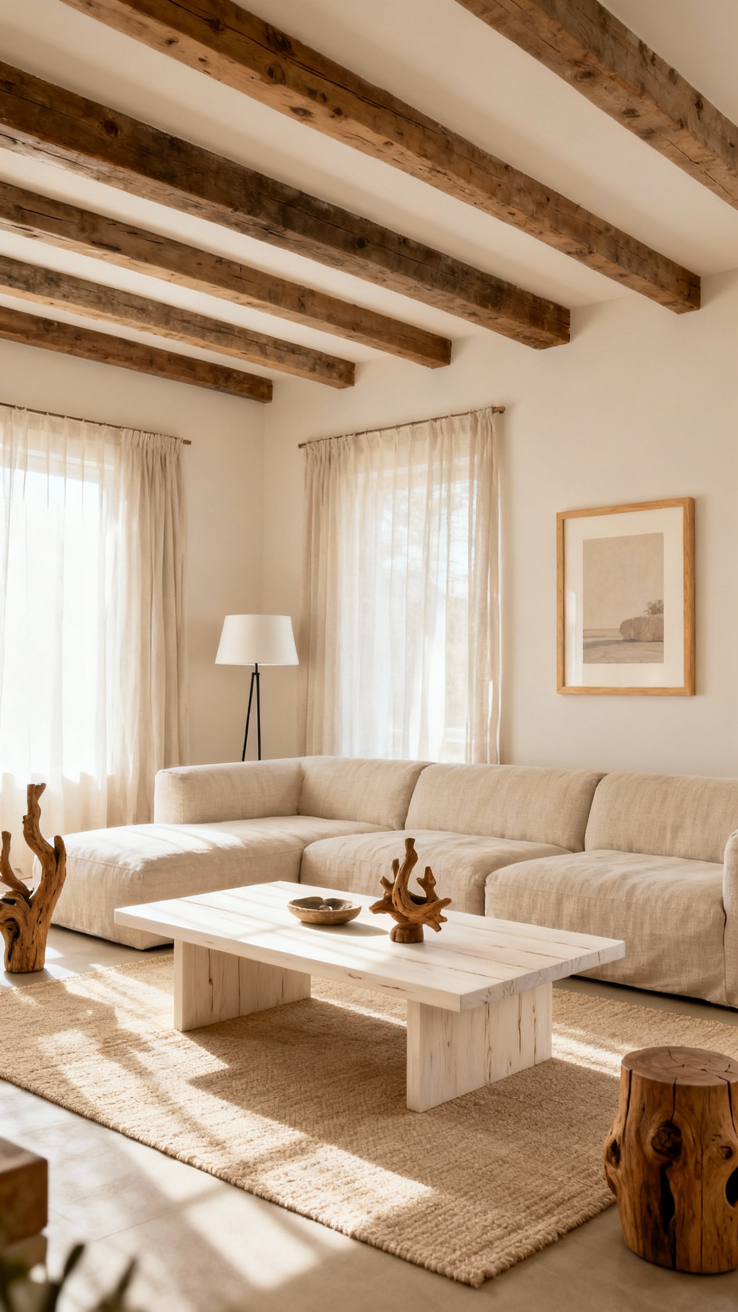 A beige living room featuring a substantial white oak coffee table, beige linen sectional, wooden beams, and handcrafted wooden decor, illustrating the integration of natural wood tones.