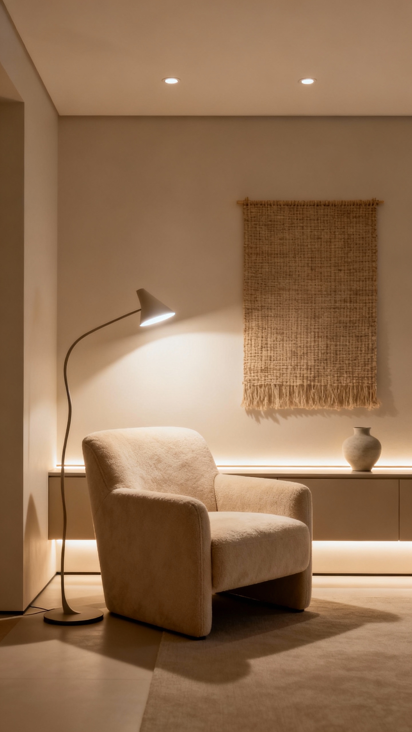 A serene beige living room showcasing multi-source layered lighting, including warm recessed lights, a floor lamp providing task light, and accent lighting highlighting textures, creating a dynamic and inviting atmosphere.
