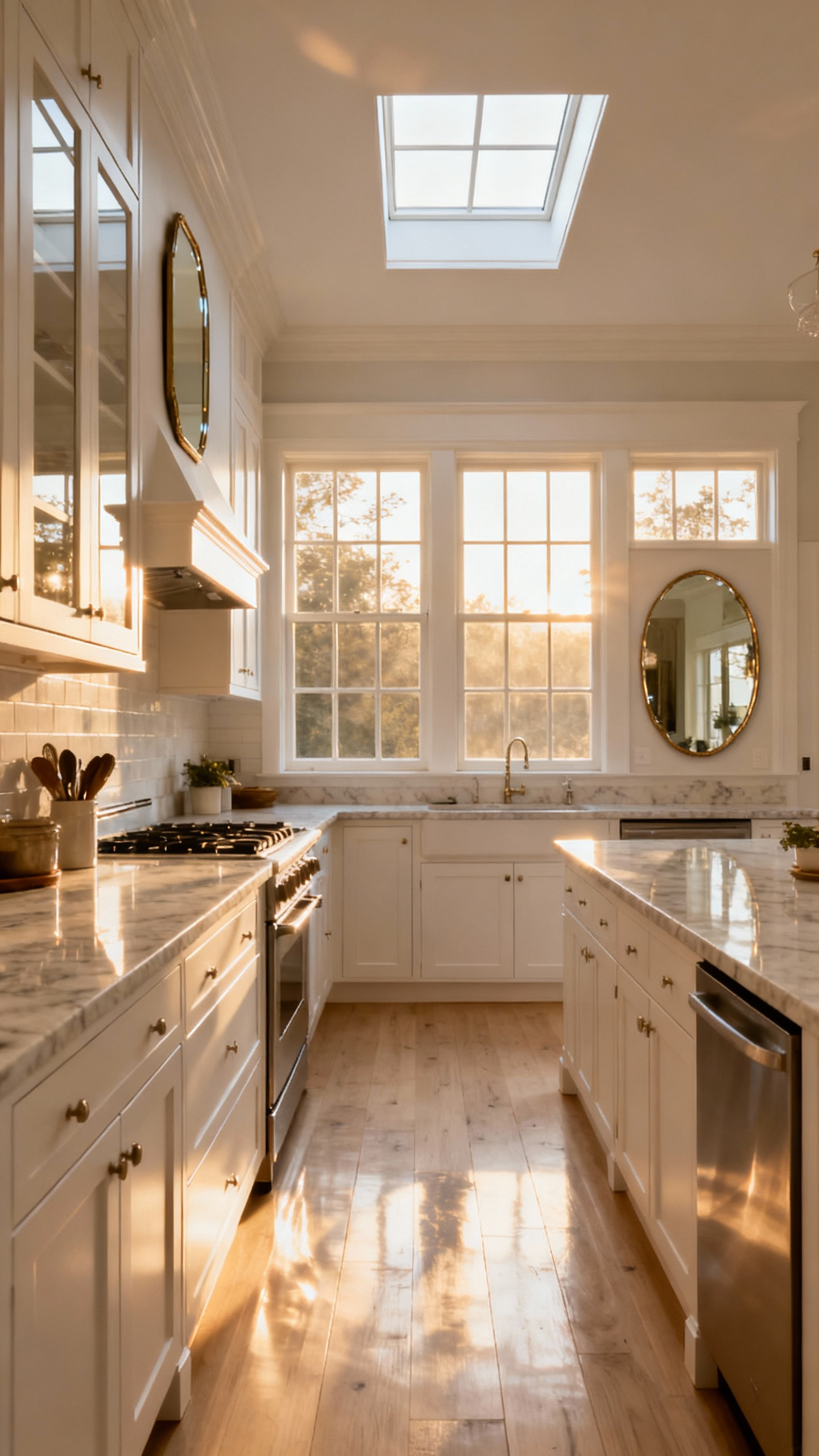 A serene traditional kitchen bathed in abundant natural light, showcasing large divided-light windows, light cabinetry, and reflective surfaces, emphasizing optimal natural illumination and spatial harmony for a traditional kitchen remodel.