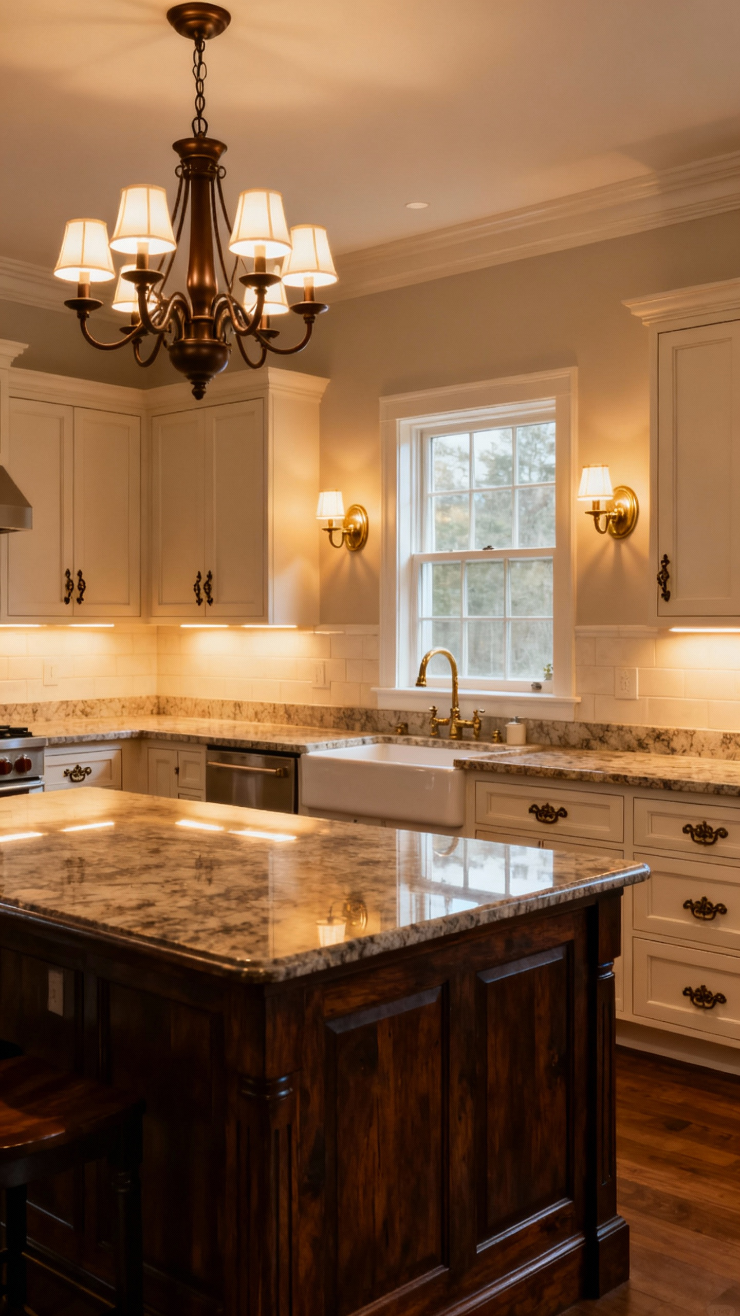 A traditionally designed kitchen showcasing layered lighting: a bronze chandelier, under-cabinet lighting, and brass sconces creating a warm, inviting ambiance. No people.