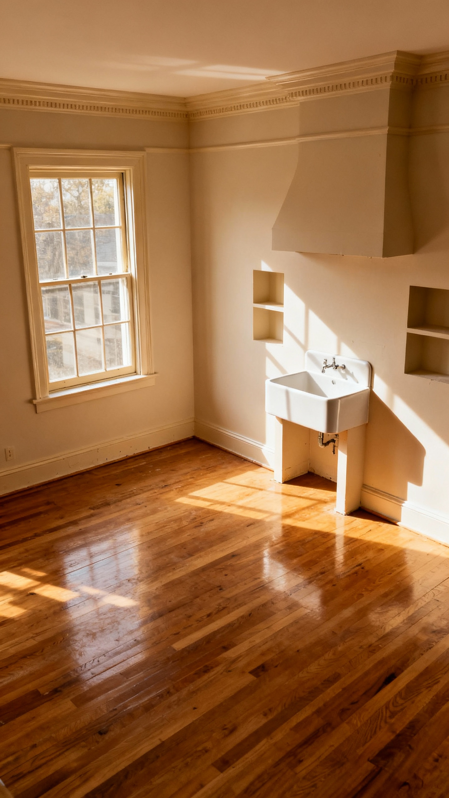 Empty traditional kitchen being audited for design potential, natural light highlighting structural elements, architectural details