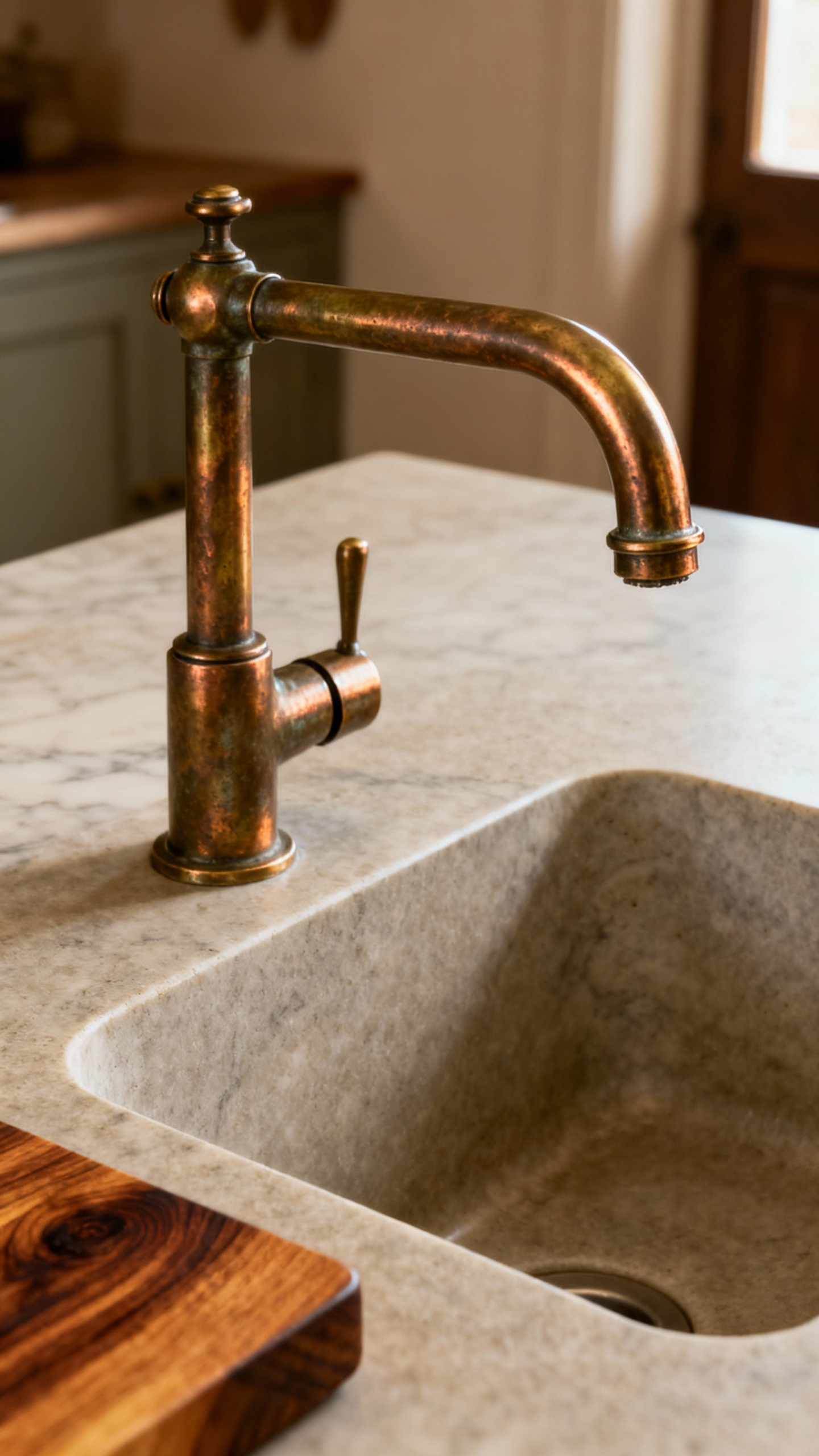 Close-up of a patinated unlacquered brass faucet over a soapstone sink and oiled butcher block countertop in a traditional kitchen.
