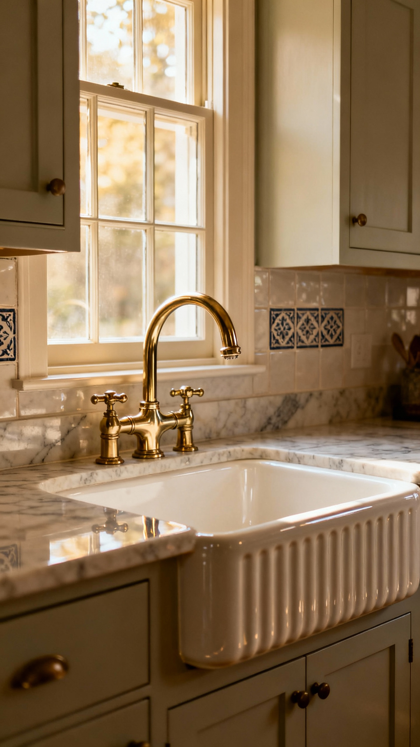 A beautifully crafted traditional kitchen with a glazed fireclay apron-front sink and an antique-style unlacquered brass bridge faucet as the centerpiece, surrounded by classic stone countertops and subtle cabinetry details.