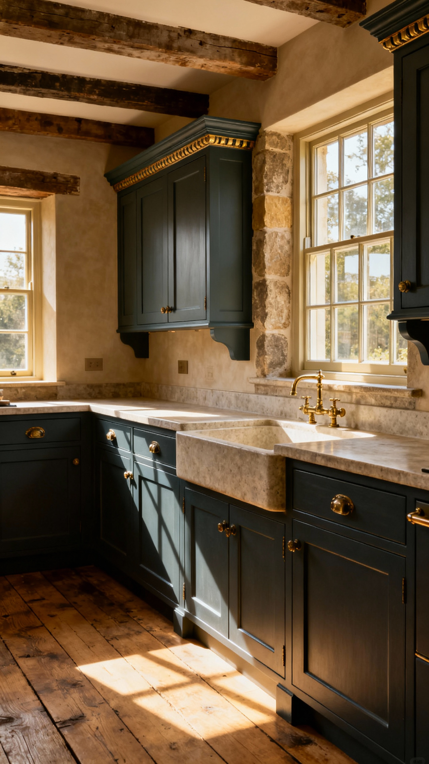 A traditionally designed kitchen with custom cabinetry and a soapstone sink, reflecting careful architectural integration and respect for the home's historical style during a renovation.