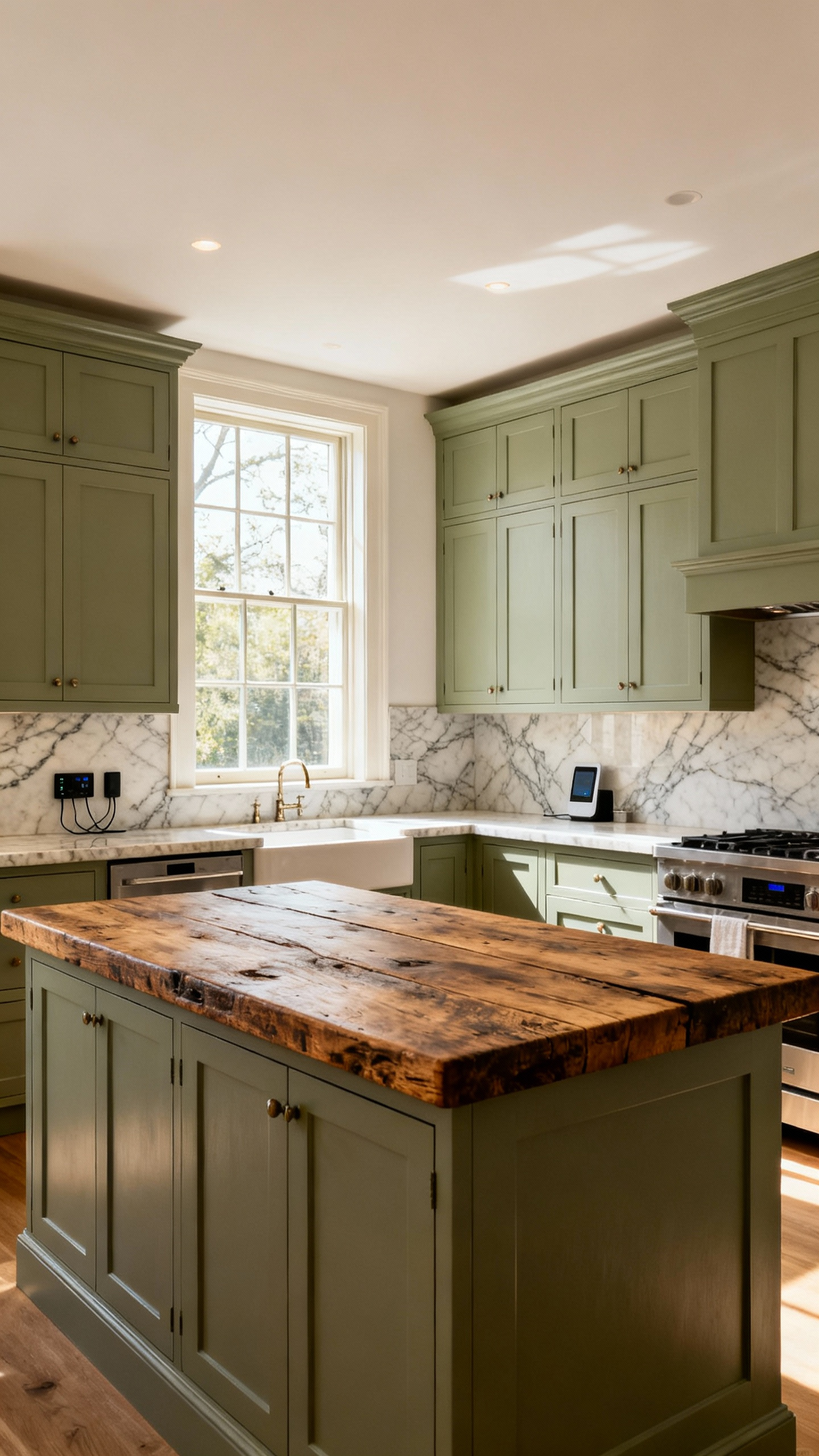 A traditional kitchen featuring Shaker-style sage green cabinetry, soapstone countertops, and an antique oak island, designed for future adaptability with subtly integrated modern tech.