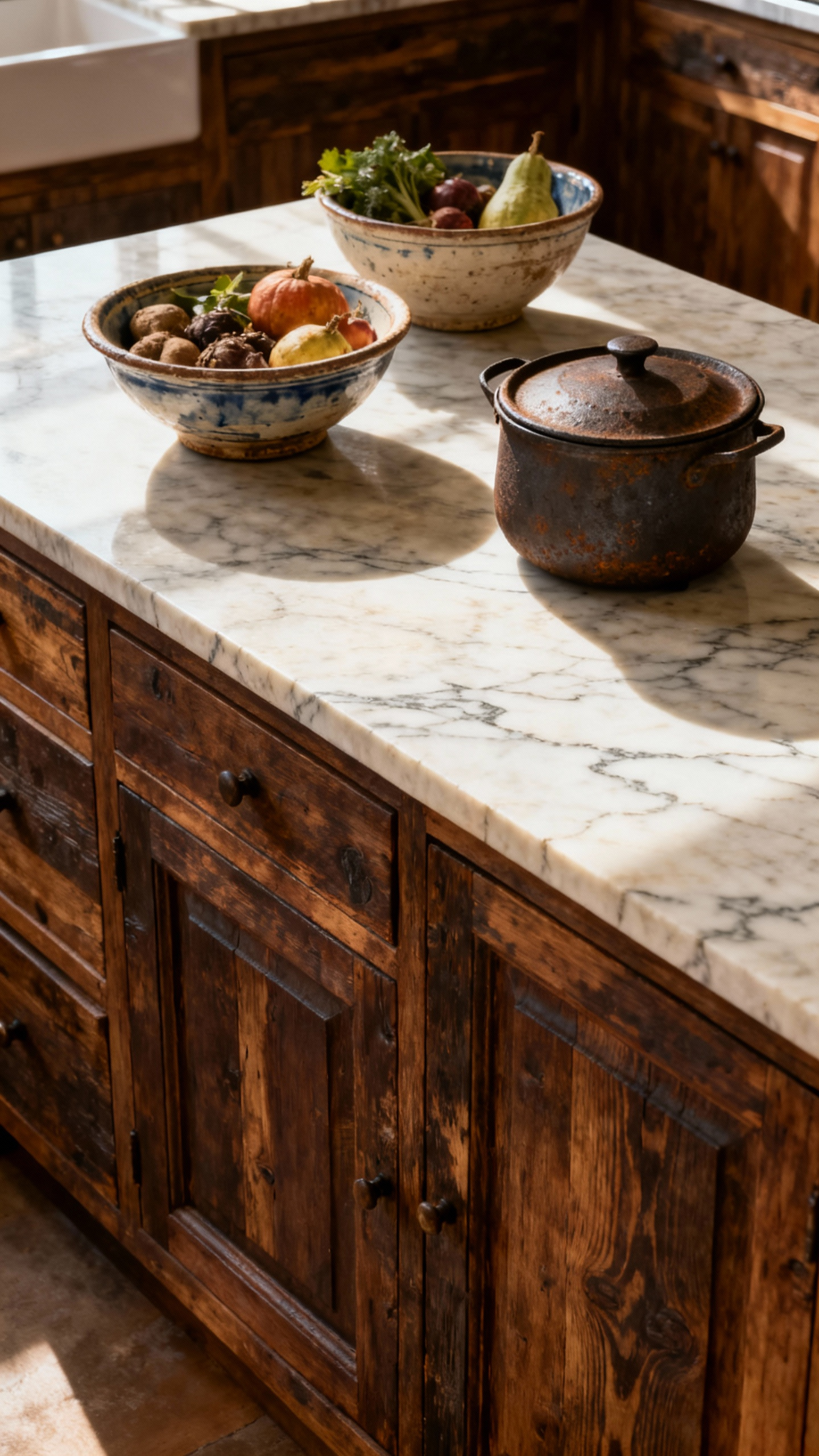 Traditional kitchen showcasing sustainable, eco-conscious materials, including reclaimed solid wood cabinets, honed natural stone countertops, and a vintage cast-iron pot, bathed in warm natural light, emphasizing durability and heritage design.