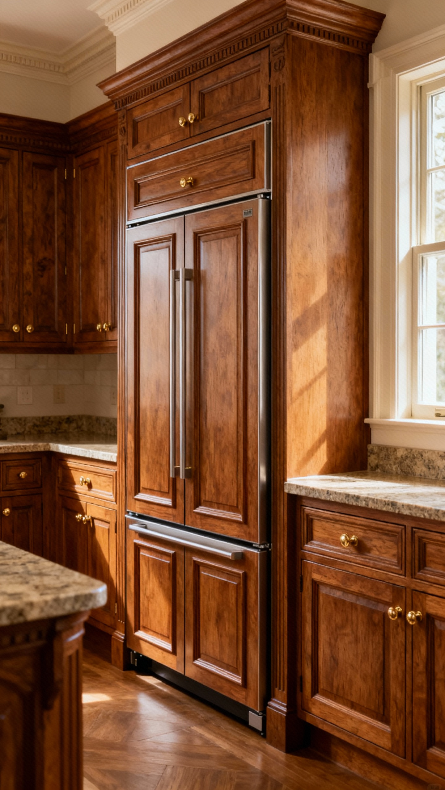 Traditional kitchen featuring a built-in, paneled refrigerator that perfectly matches the surrounding custom cabinetry, complete with vintage-style hardware, seamlessly concealing a modern appliance within a classic design.