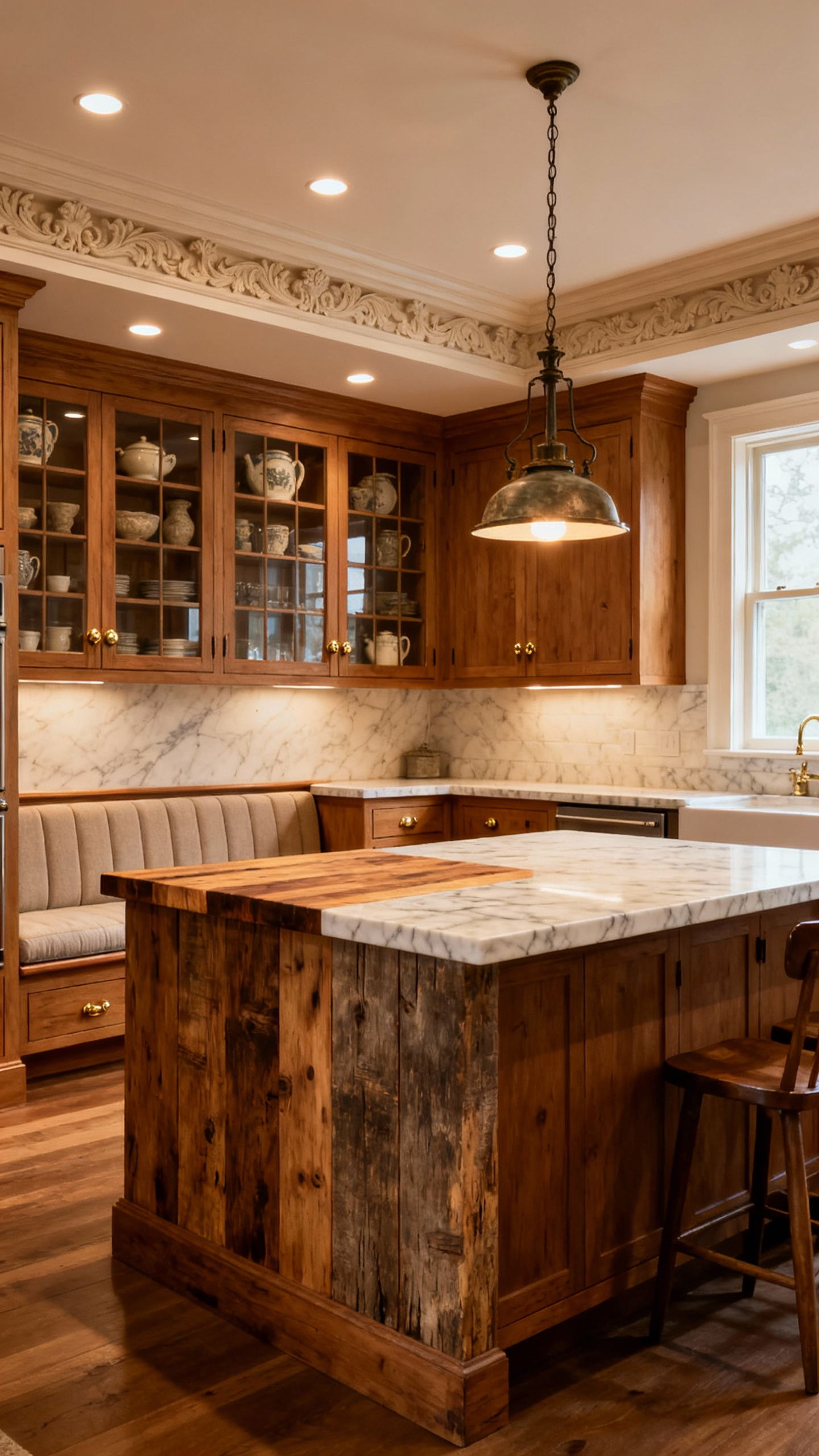 A stunning traditional kitchen designed as a family legacy hub, featuring a large marble-topped island, quarter-sawn oak Shaker cabinetry, and a cozy breakfast nook, radiating warmth and timeless appeal.