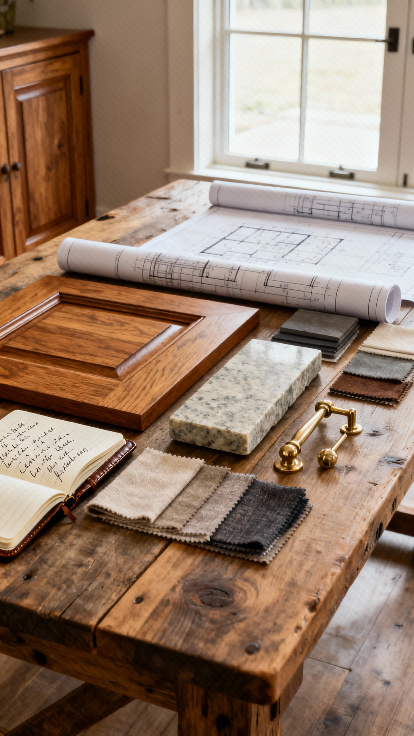 Portrait view of a meticulously curated traditional kitchen design board with swatches of wood, stone, and fabric, alongside hand-drawn design sketches for a heritage kitchen renovation, illuminated by soft natural light.