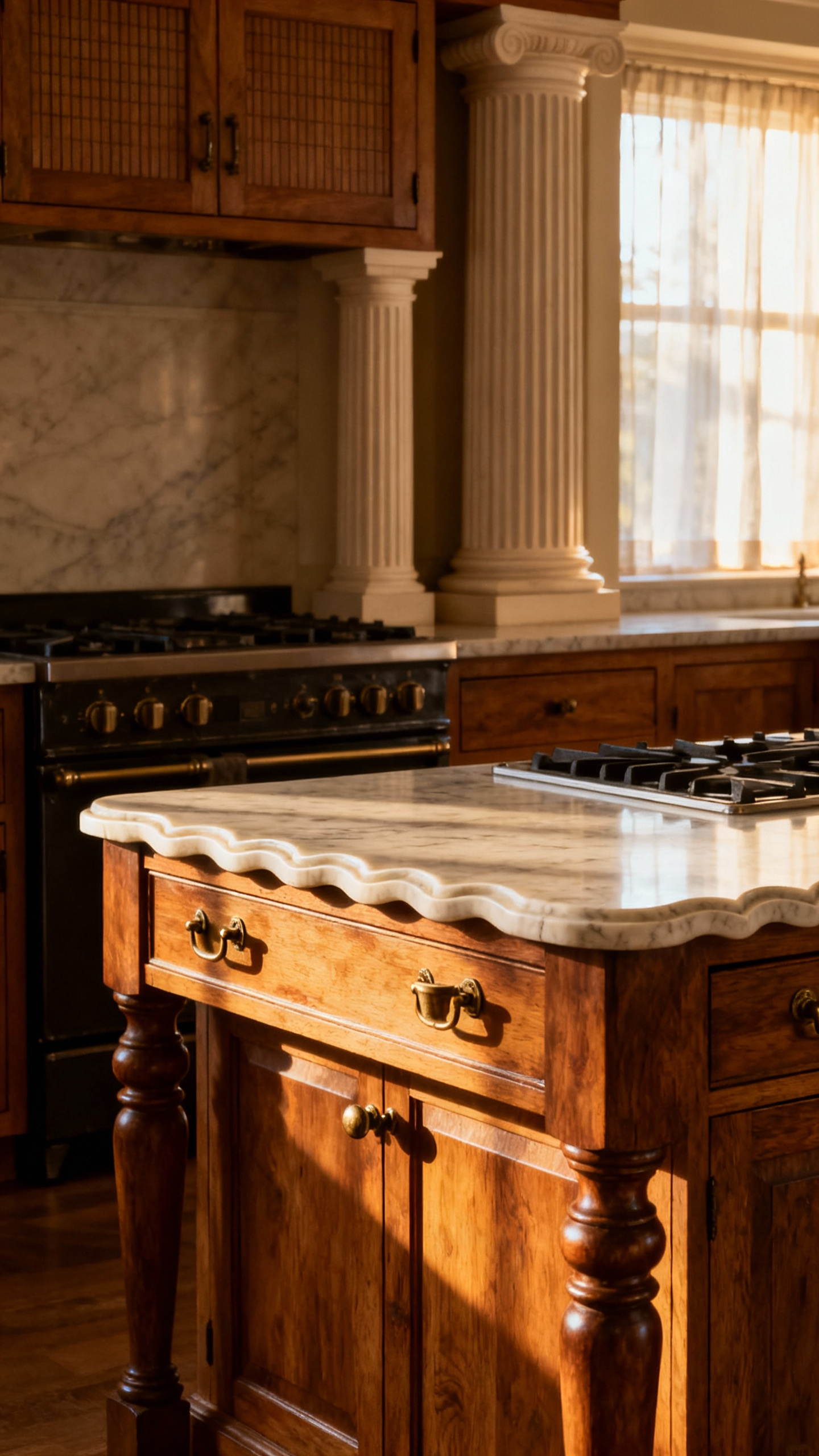 A classic portrait view of elegant traditional kitchen cabinetry, showcasing detailed craftsmanship with inset doors, ornate fluted pilasters, aged brass hardware, and a rich, natural wood finish under soft, ambient light.