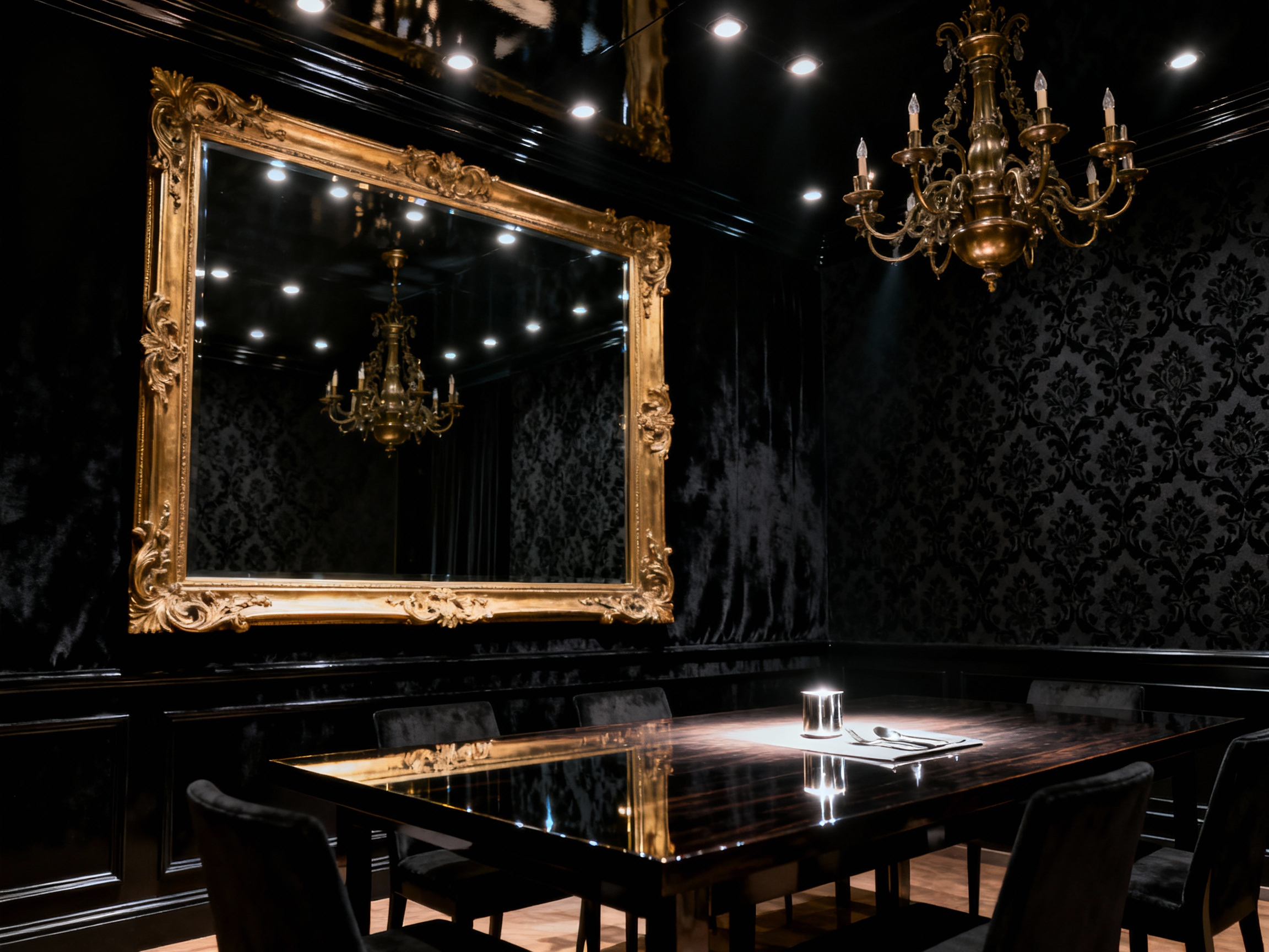 Luxurious black dining room with reflective surfaces, gold mirror, and multi-layered lighting creating an expansive and deep visual effect, demonstrating how black doesn't shrink a room.
