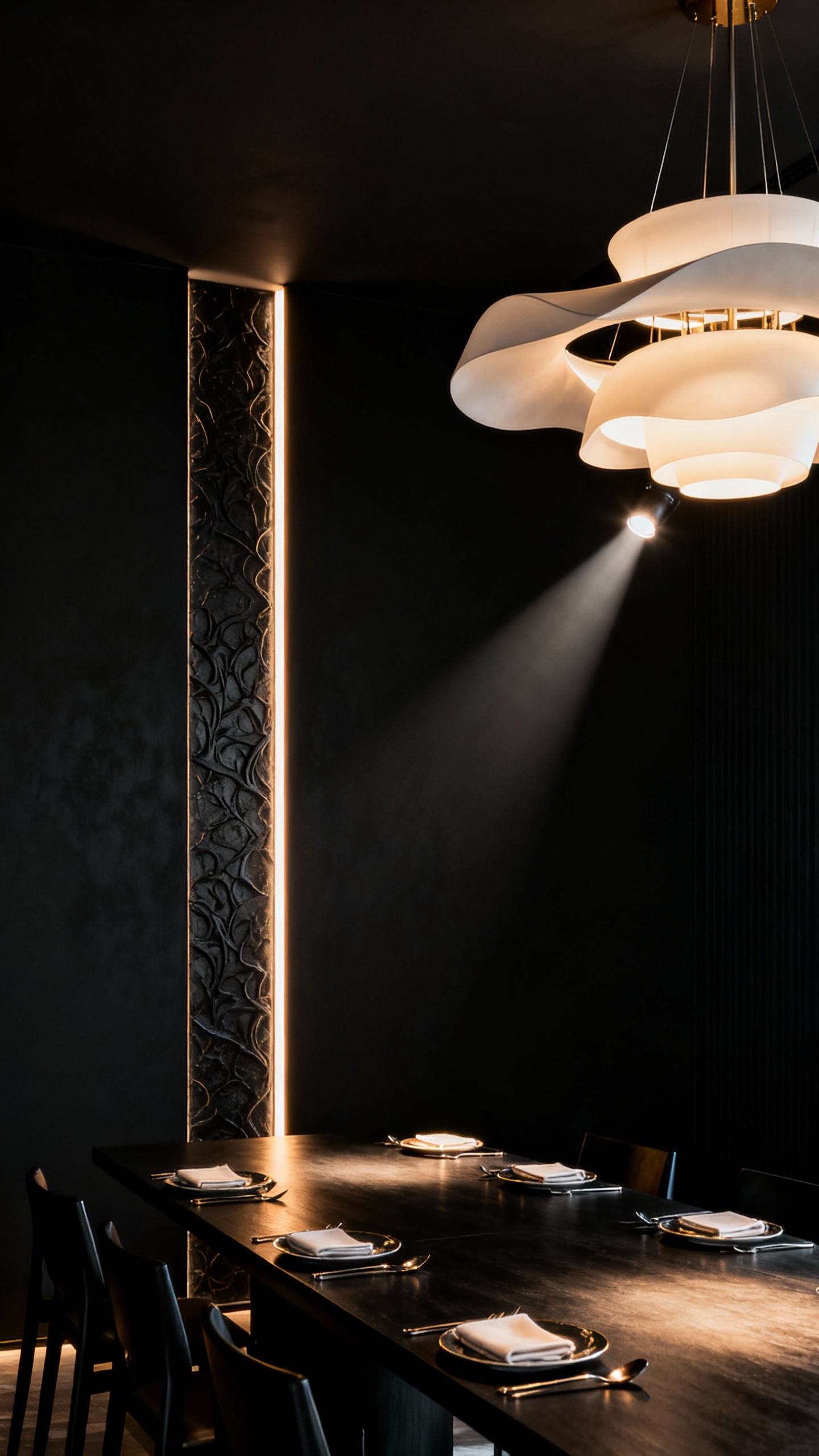 Portrait shot of a sophisticated black dining room, showcasing a layered lighting scheme with ambient chandelier light, task lighting on the table, and accent lights on wall texture.