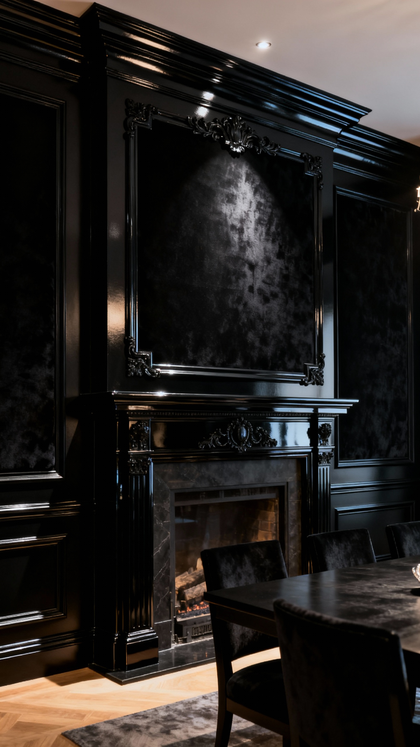 A dramatic dining room with onyx black painted architectural elements, including high-gloss crown molding and ultra-matte wainscoting, expertly lit to create depth and sophistication. Fireplace mantel is a focal point.