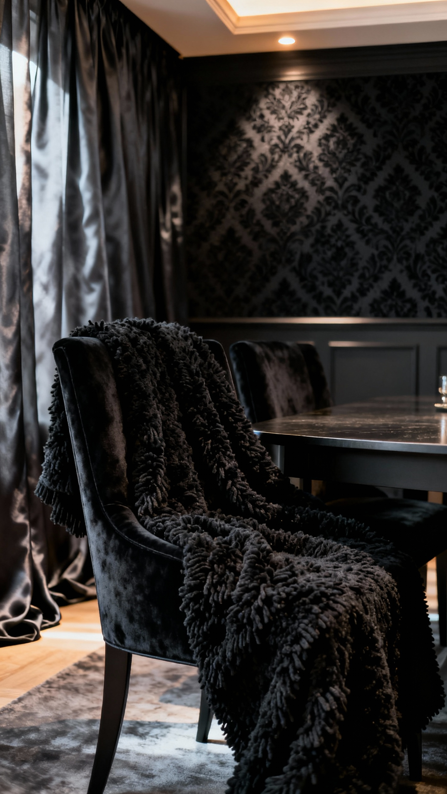 Luxurious black dining room with velvet chairs, silk drapes, and a textured rug showcasing sumptuous fabrics for a tactile narrative.