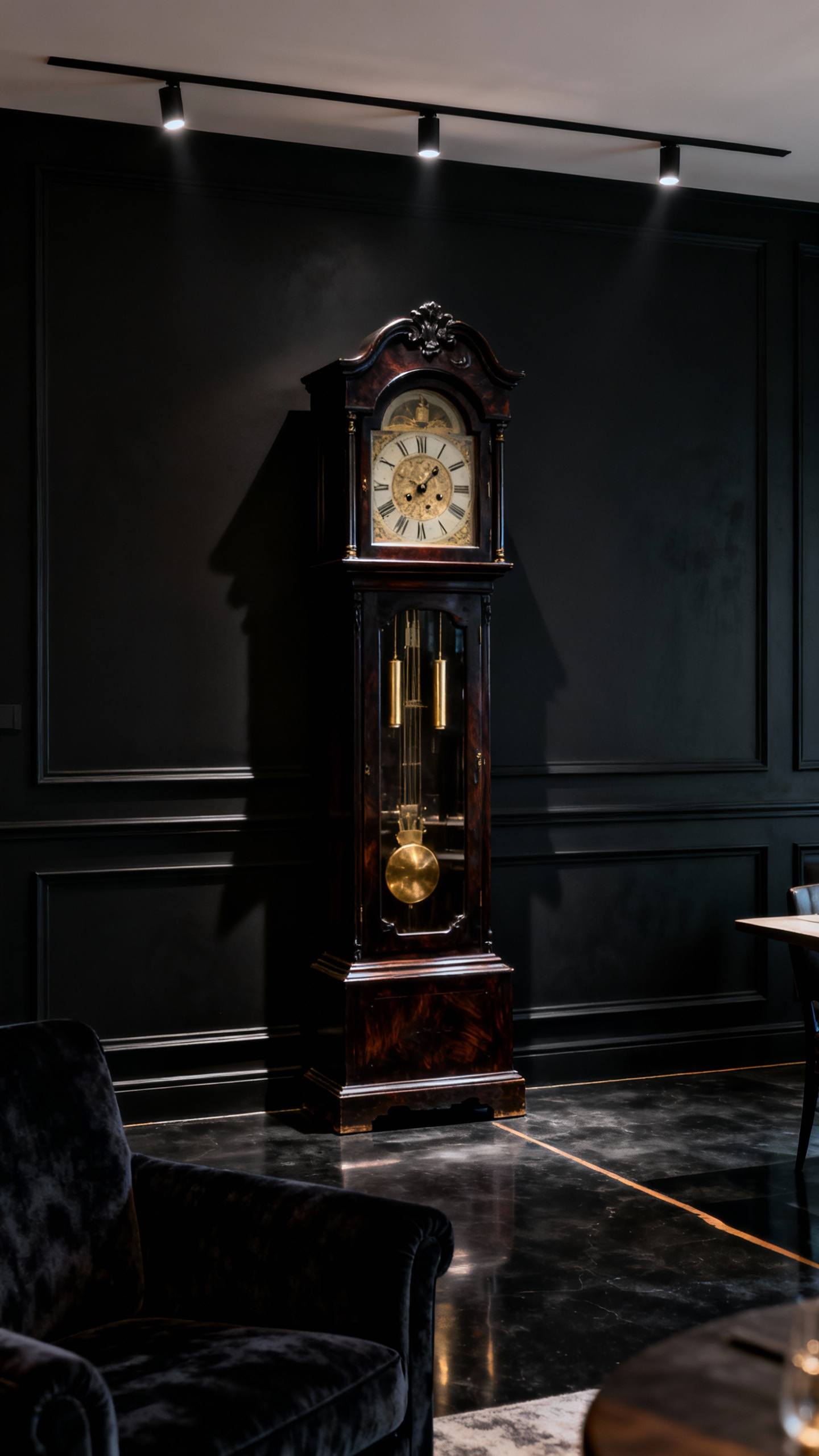 Elegant antique grandfather clock, an heirloom piece, dramatically spotlighted against a textured matte black dining room wall, creating deep shadows and highlights in a sophisticated, storied setting.