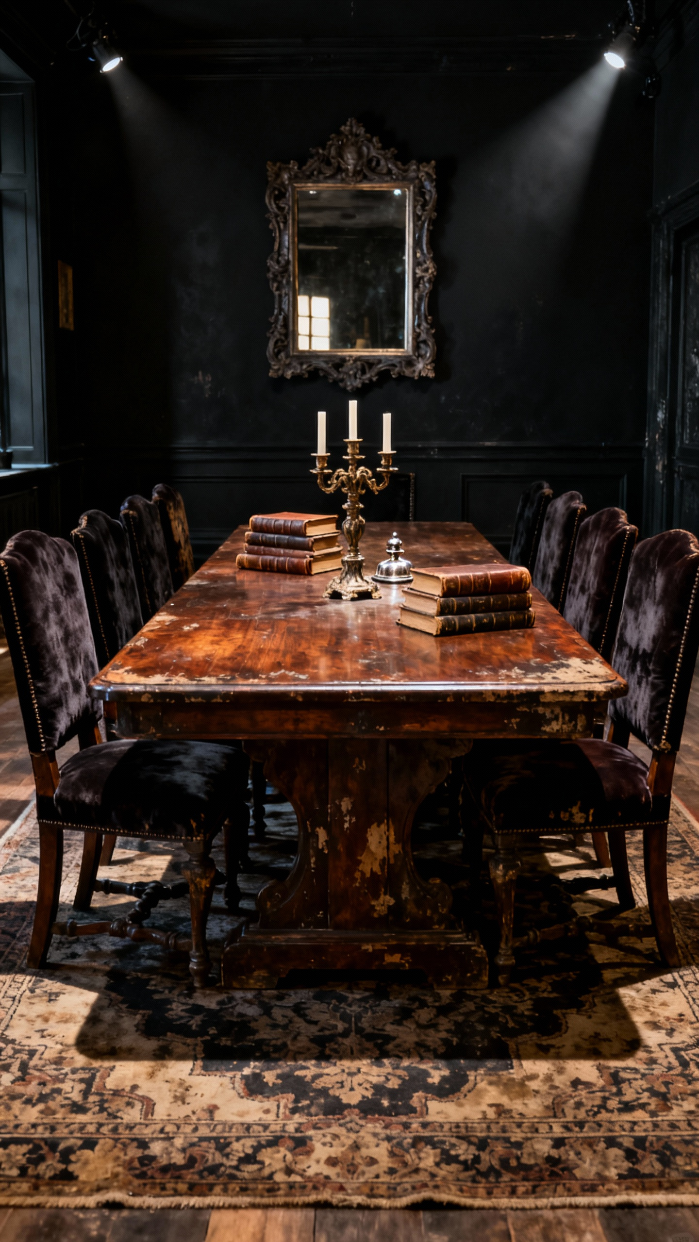 Dramatic black dining room with a long antique mahogany table, vintage velvet chairs, baroque candelabra, and leather-bound books, exuding vintage and literary charm with chiaroscuro lighting.