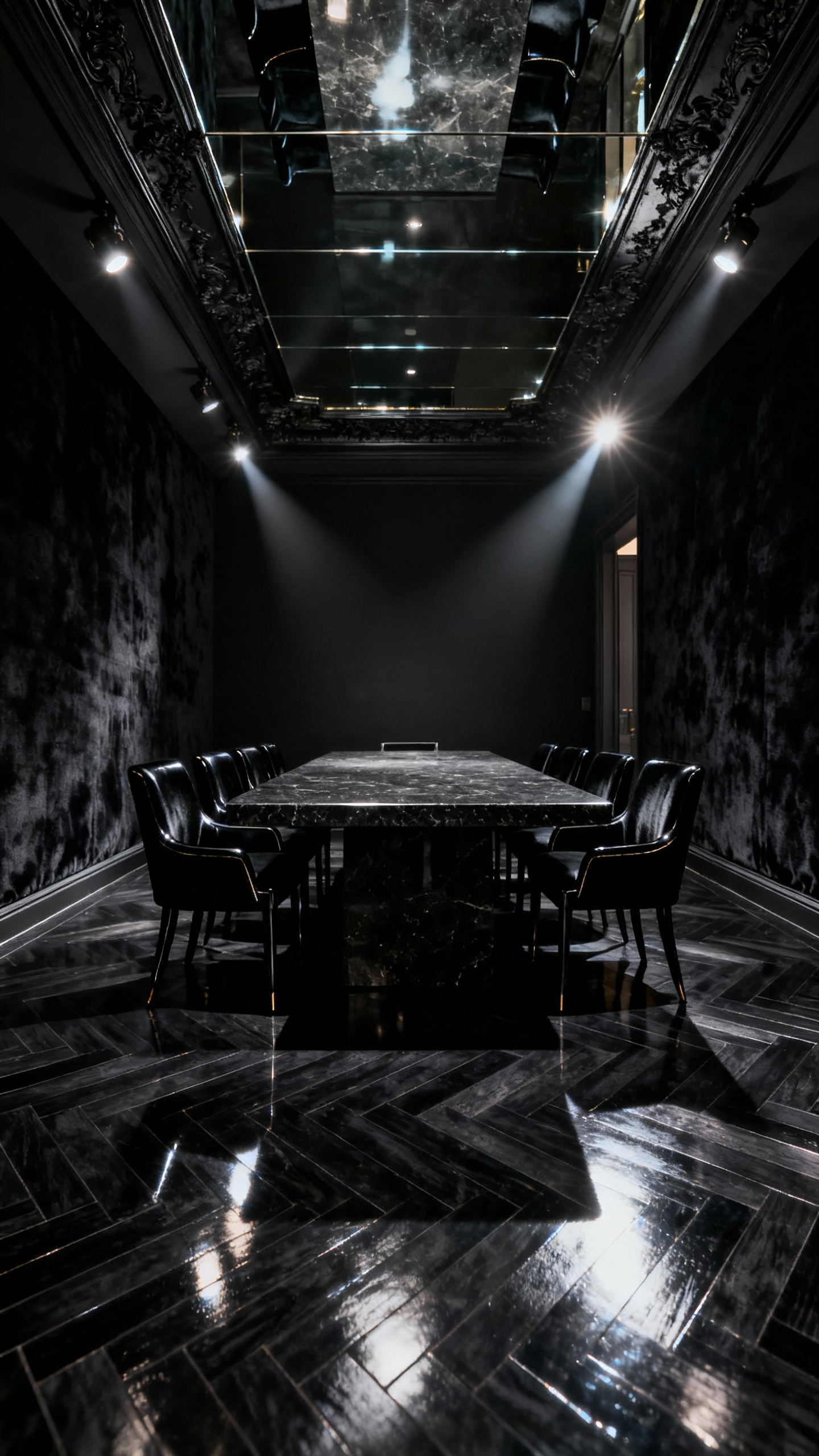 A luxurious black dining room interior demonstrating layered black finishes: matte walls, a high-gloss ebonized parquet floor, and an antiqued mirrored ceiling, with a dark basalt dining table and lacquered chairs.