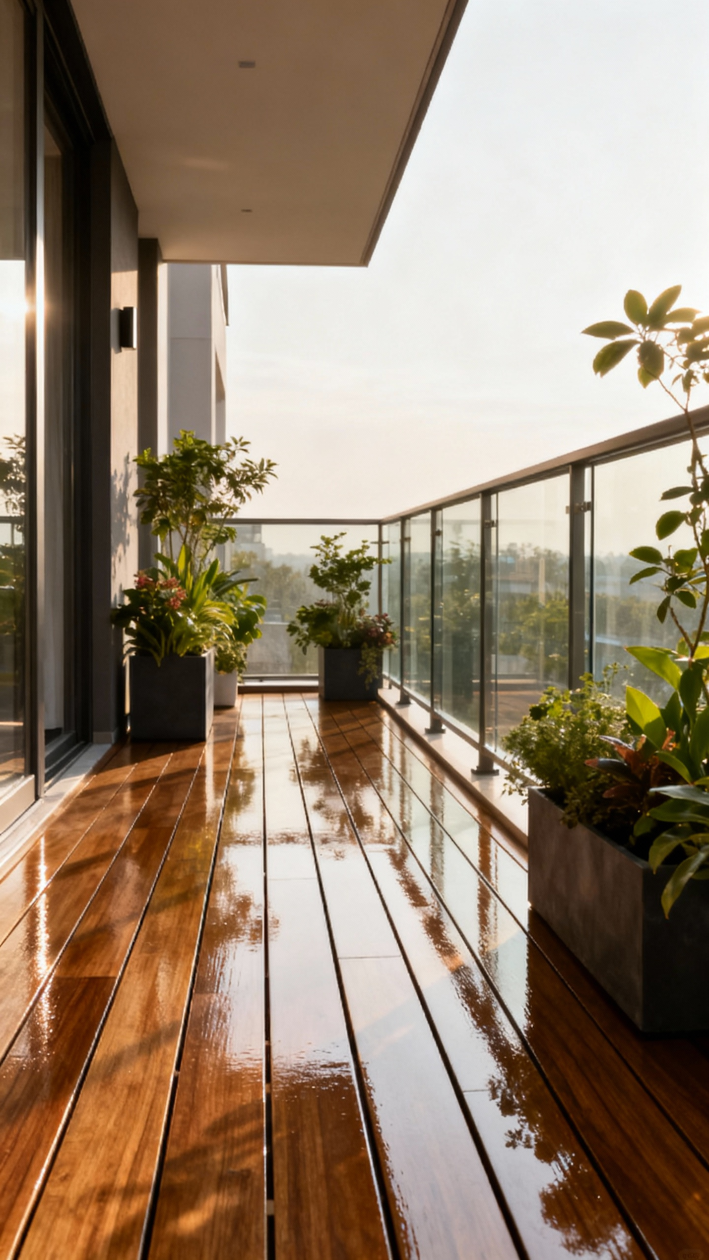 Pristine balcony showing a meticulous maintenance regimen, with shining surfaces, vibrant green plants, and elegant outdoor furniture under soft morning light.